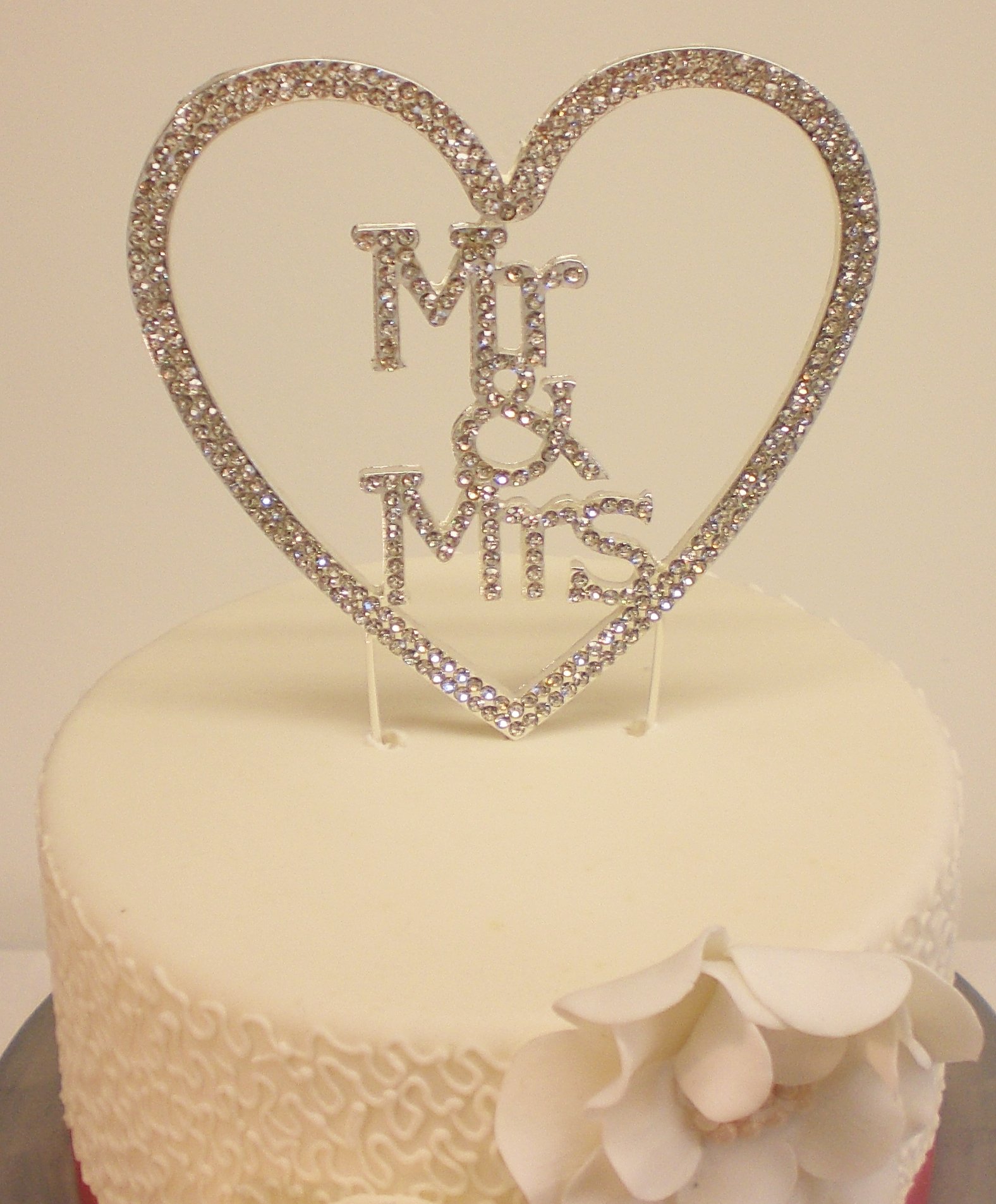 The Cake Emporium Ltd Silver Wedding Cake Diamante Rhinestone Mr & Mrs Love Heart Cake Topper