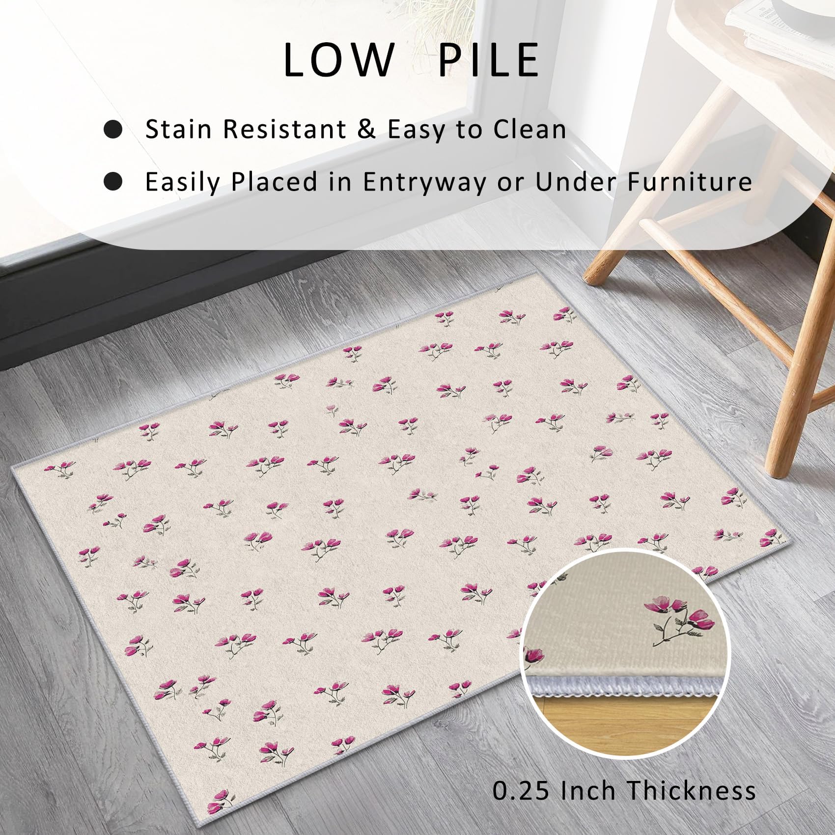 Teppich Rustikale Schlafzimmer Rechteckiger Kurzflor, Lila Aesthetic Blumen Muster Teppiche Waschbar für Wohnzimmer Flur Wohndeko, Dünn Weich rutschfest(90x160cm)