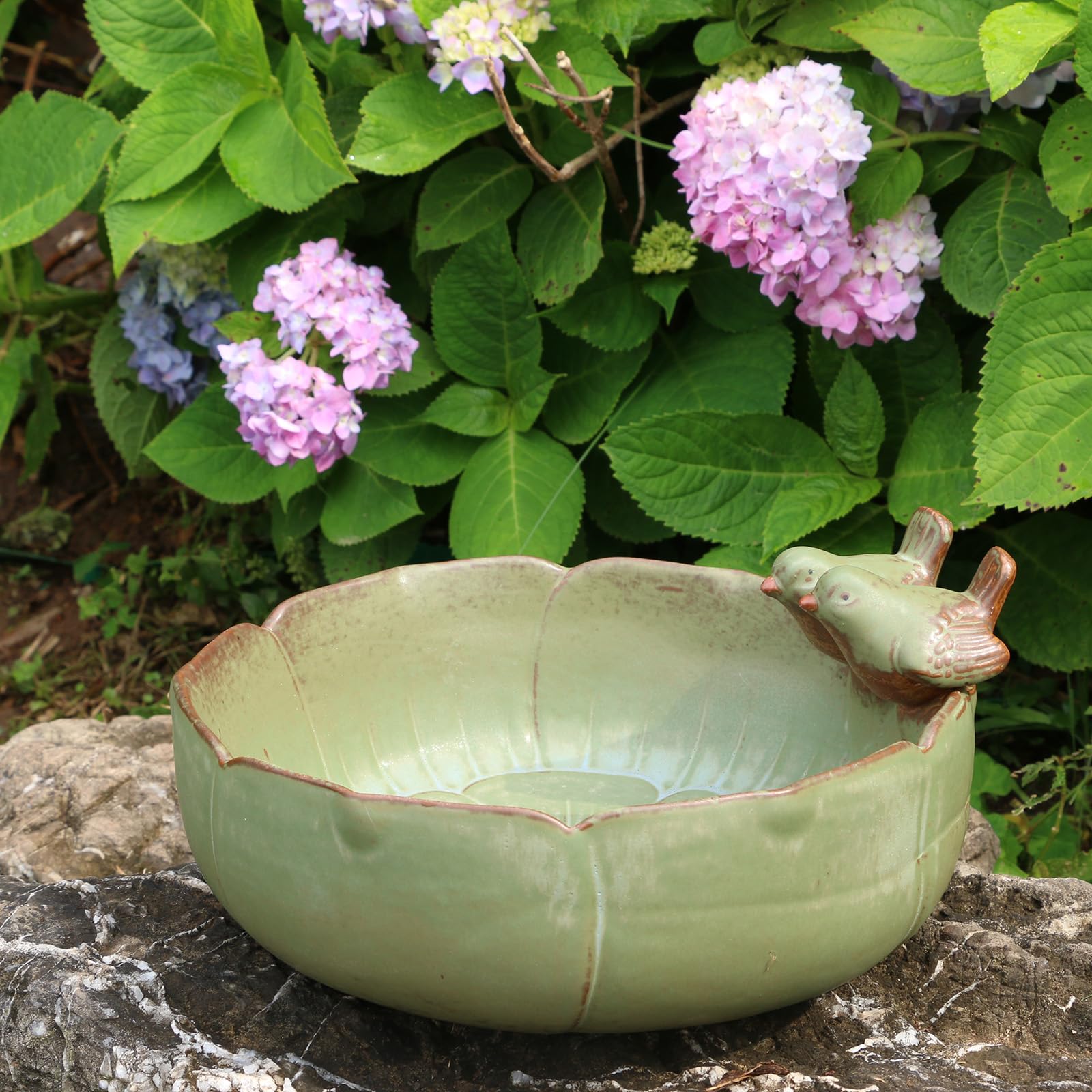oumao Ceramic Bird Bath Bowl for Outdoors - 10.2-Inch Ground Bird Bath for Garden, Lawn, Patio & Balcony, Weather-Resistant bird bath bowl for Outside (large-deep)
