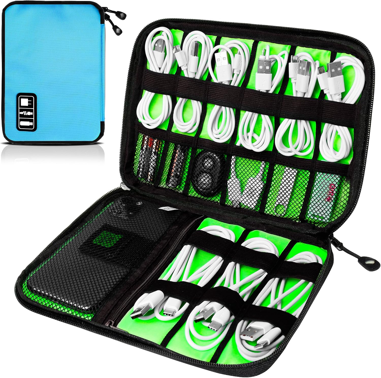 Cord Organizer Travel, Electronics Organizer Tech Pouch - Portable Cable Organizer Bag for Cords, Charger, Phone, SD Card, Power Bank for Travel & Daily Use -Blue