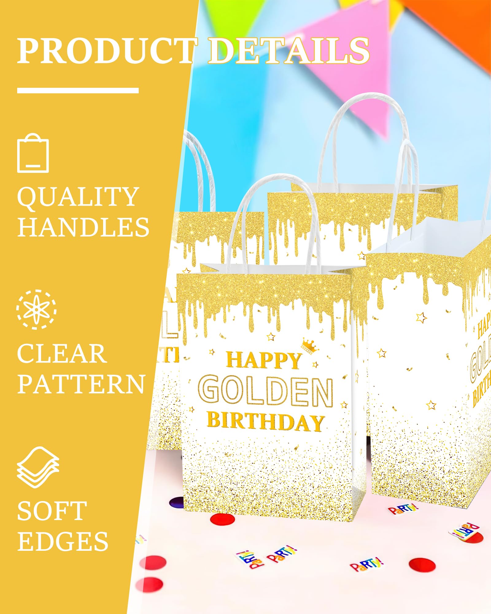 Roselush 16 szt. Happy Golden Birthday papierowe torby na prezenty białe - torby na gadżety, torby na upominki imprezowe dekoracje urodzinowe złote