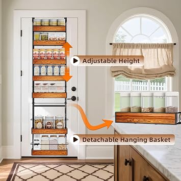 Over the Door Pantry Organizer, 8-Tier Metal Hanging Spice Rack with Adjustable Basket for Kitchen Storage