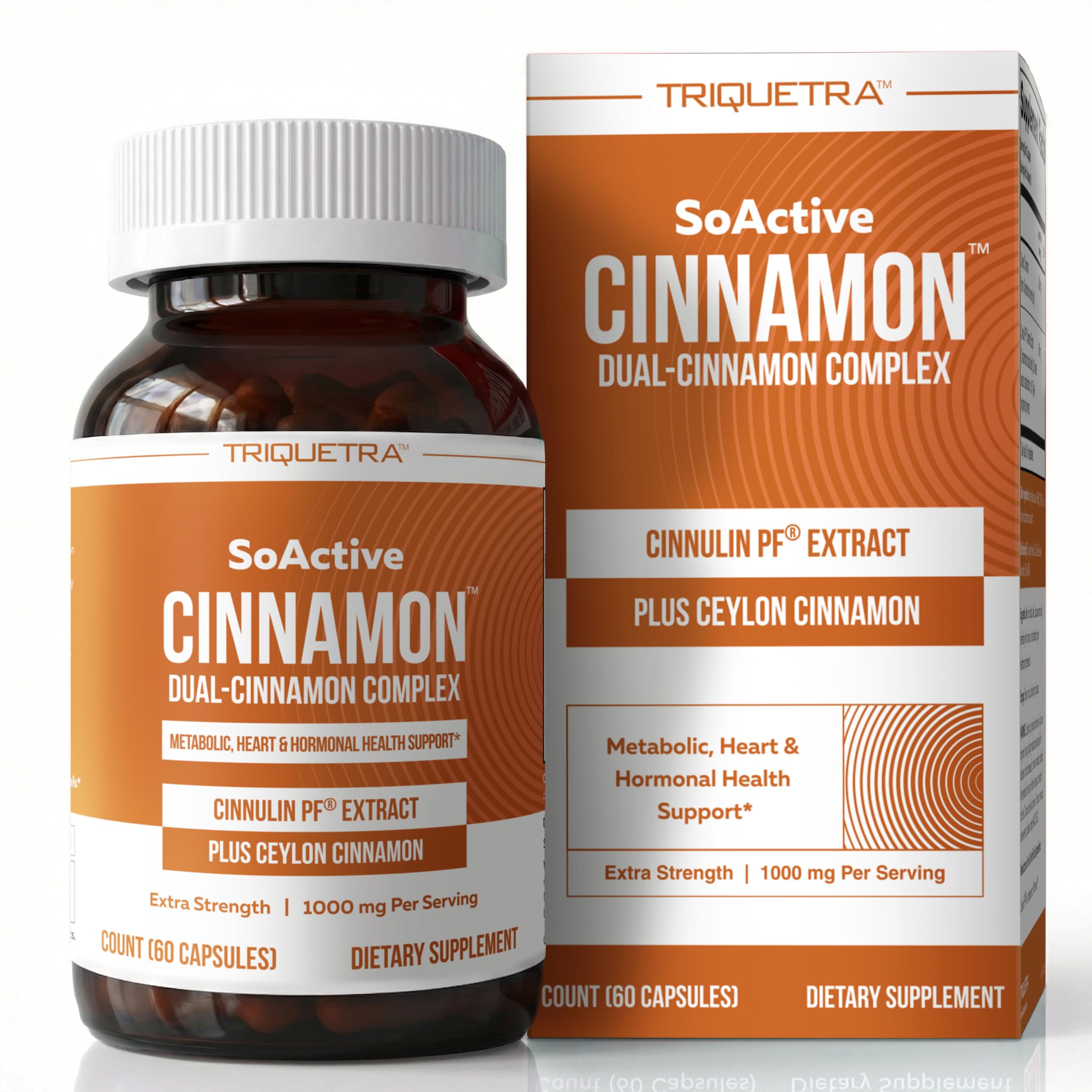 SoActive Cinnamon - 1000mg, Cinnulin PF® Extract + Organic Ceylon Cinnamon Capsules, 20x Active Compounds, Support for Metabolism, Heart & Hormonal Health, Clinically Studied Dose (60 Vegan Capsules)