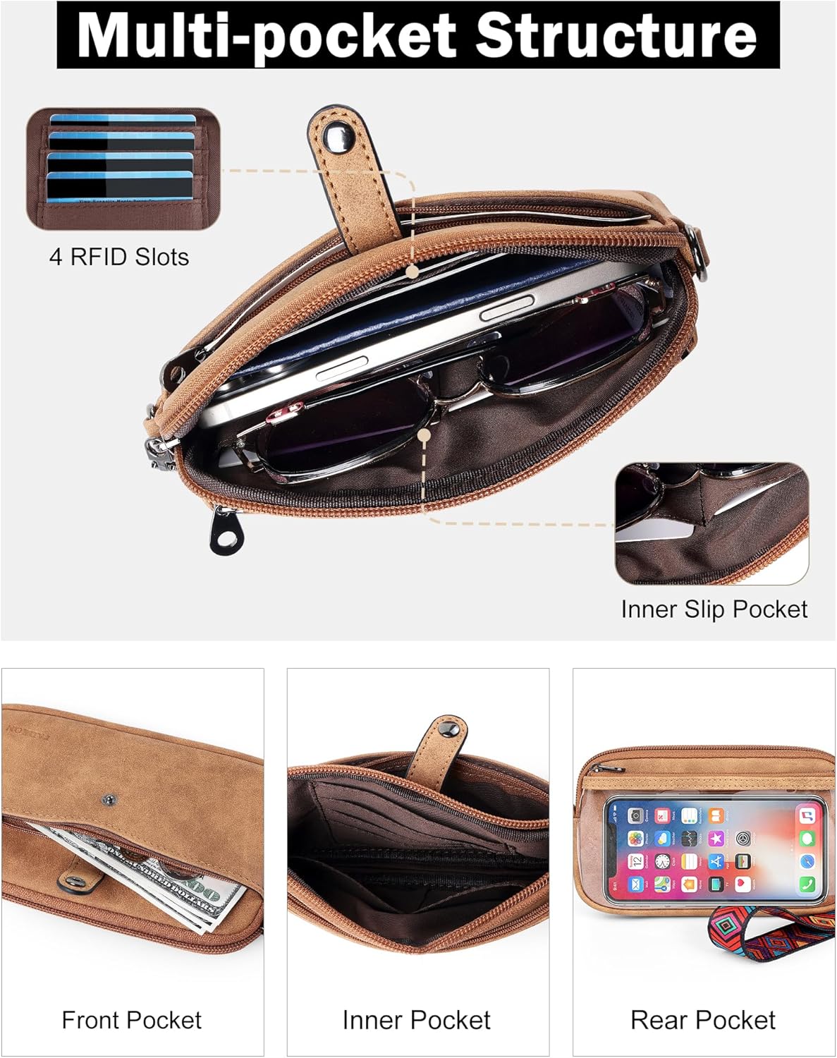 FADEON Slim Wristlet Wallets for Women, Designer Leather RFID Wallet with 3 Zipper Purse for Travel - Image 3