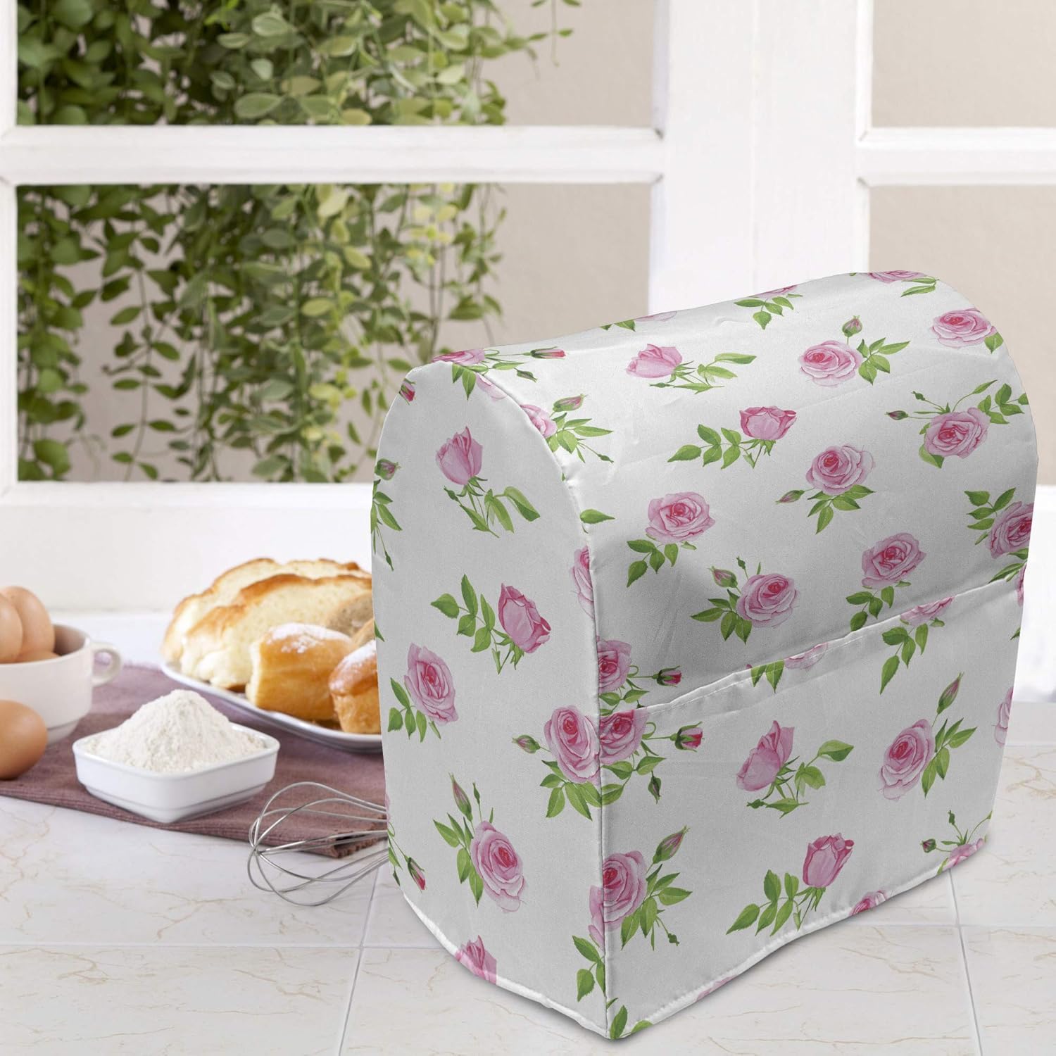 Lunarable Vintage Stand Mixer Cover, Spring Season Little Flowers Roses with Leaves Classic Image, Kitchen Appliance Organizer Bag Cover with a Pocket, 6-8 Quarts, Lime Green Pale Pink