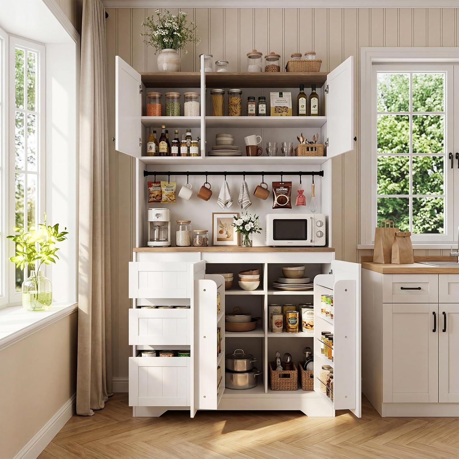 70.8" Tall Pantry Cabinet with LED & Charging Station, Freestanding White Kitchen Storage Cabinet with Spacious Countertop, Adjustable Shelves and Door Side Racks for Dining Living Room