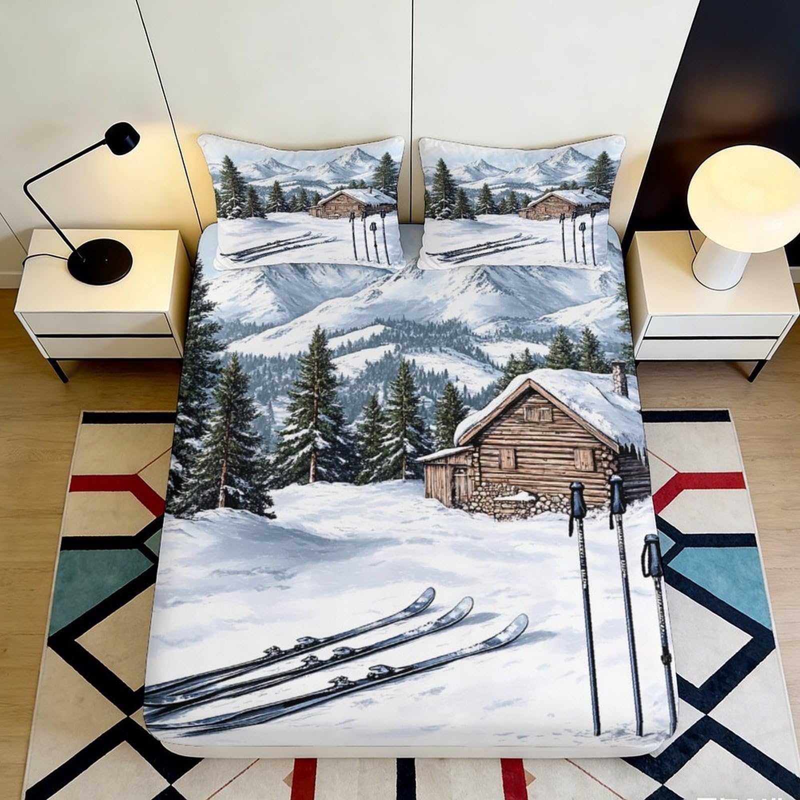 3D Printed Snow Scenery Fitted Sheet Microfiber Deep Pocket Full Wrap Bedroom Bedding Snow Cabin Mattress Fitted Cover Non-Slip Washable 200x200x25cm