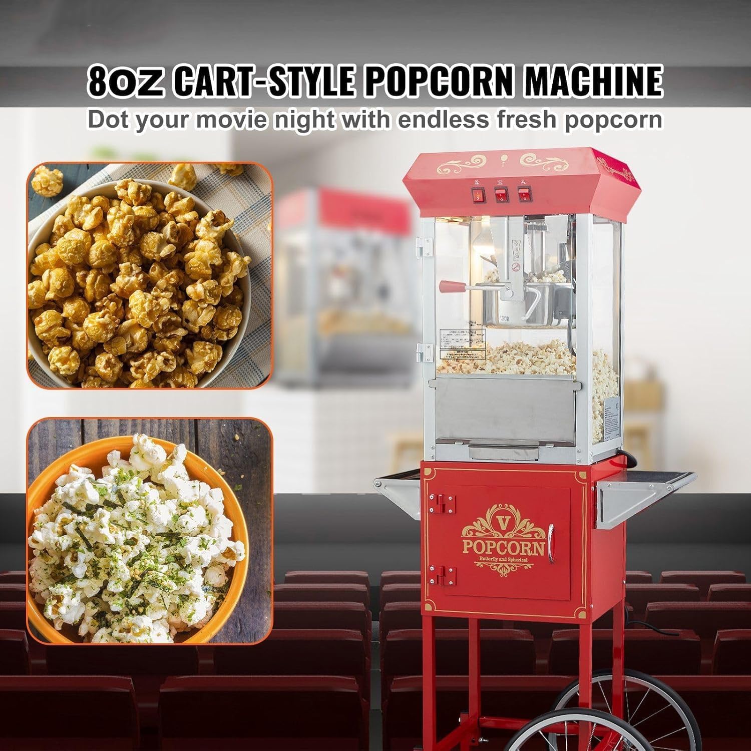 Popcorn machine on cart with bowls of popcorn