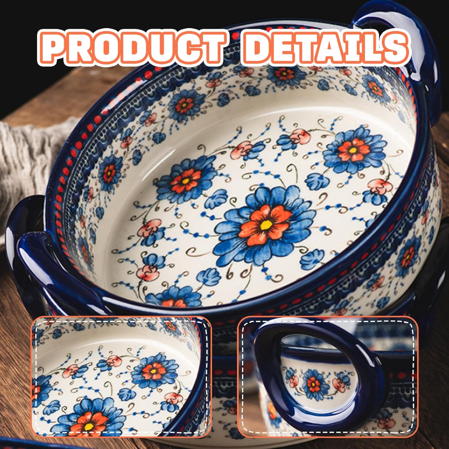 Baking Dish, 950ml Heat-Resistant Ceramic Oven Dish with Dual Handles, Flower Print Round Lasagne Bowl, Non Slip Washable Bakeware for Oven