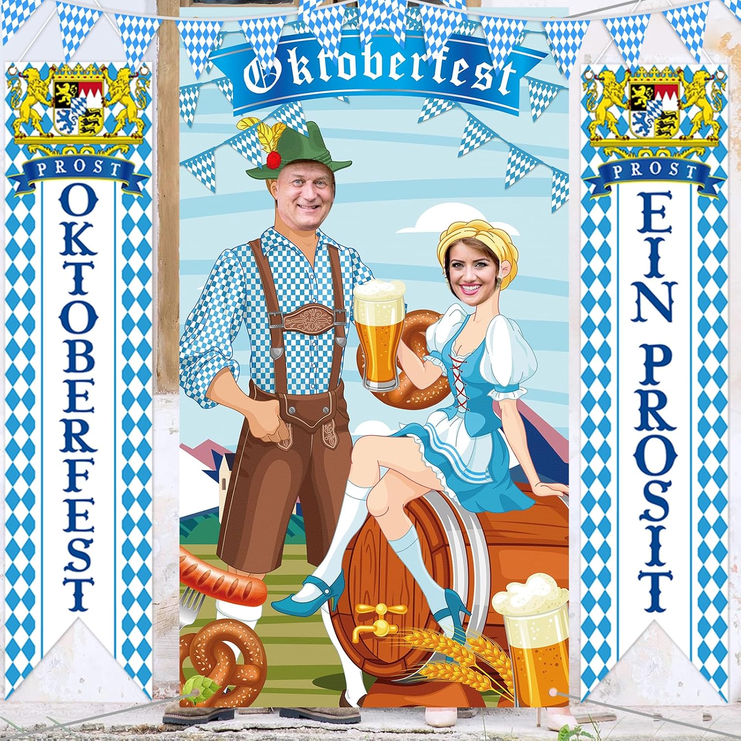 Oktoberfest Decorations Kit Include 1 Photo Backdrop Porch,3 Bavarian Tablecloth,2 Door Banner,65.6 ft White and Blue Check Flag,German Theme Beer Festival Party Decor Accessories