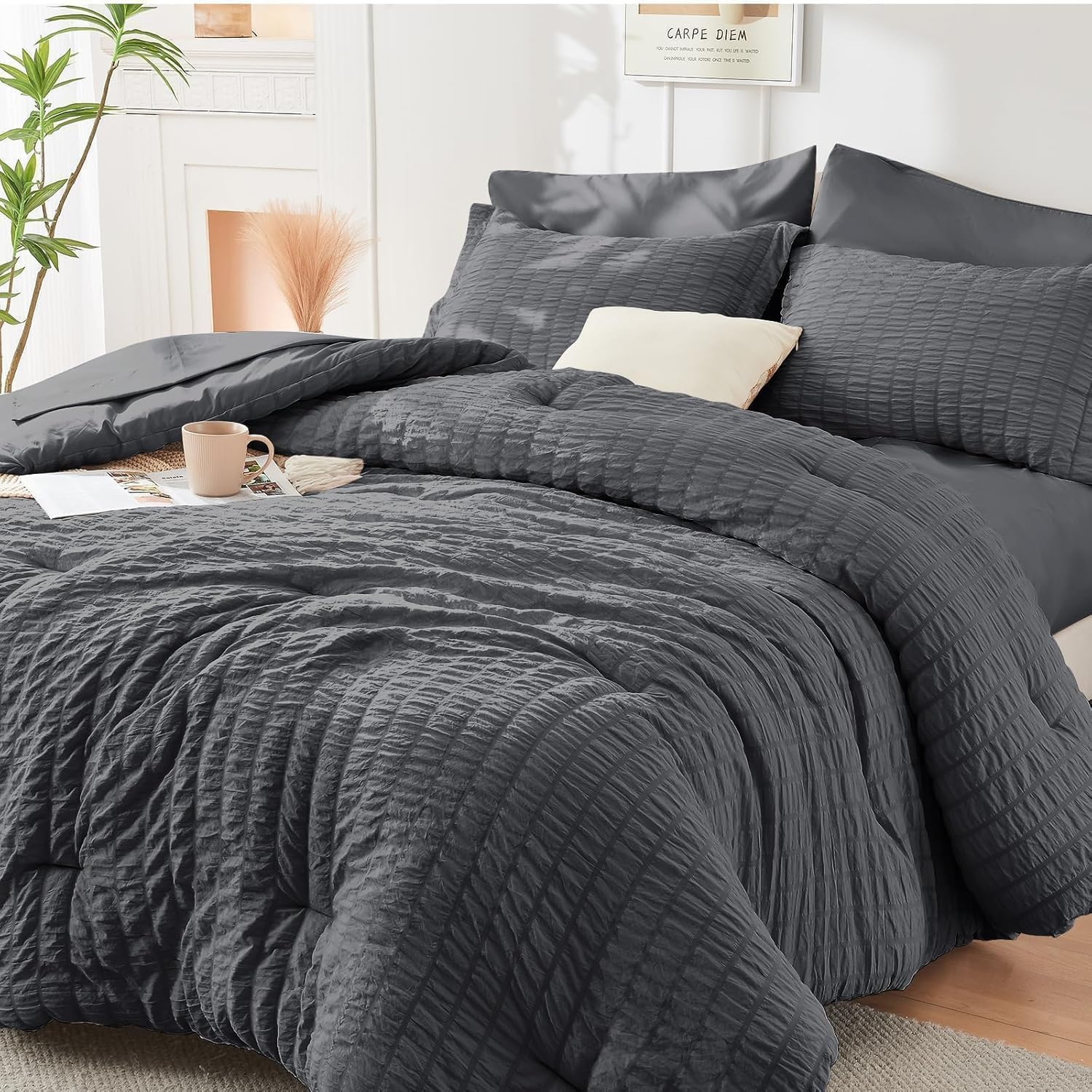 HYMOKEGE Queen Comforter Set Seersucker 7 Pieces