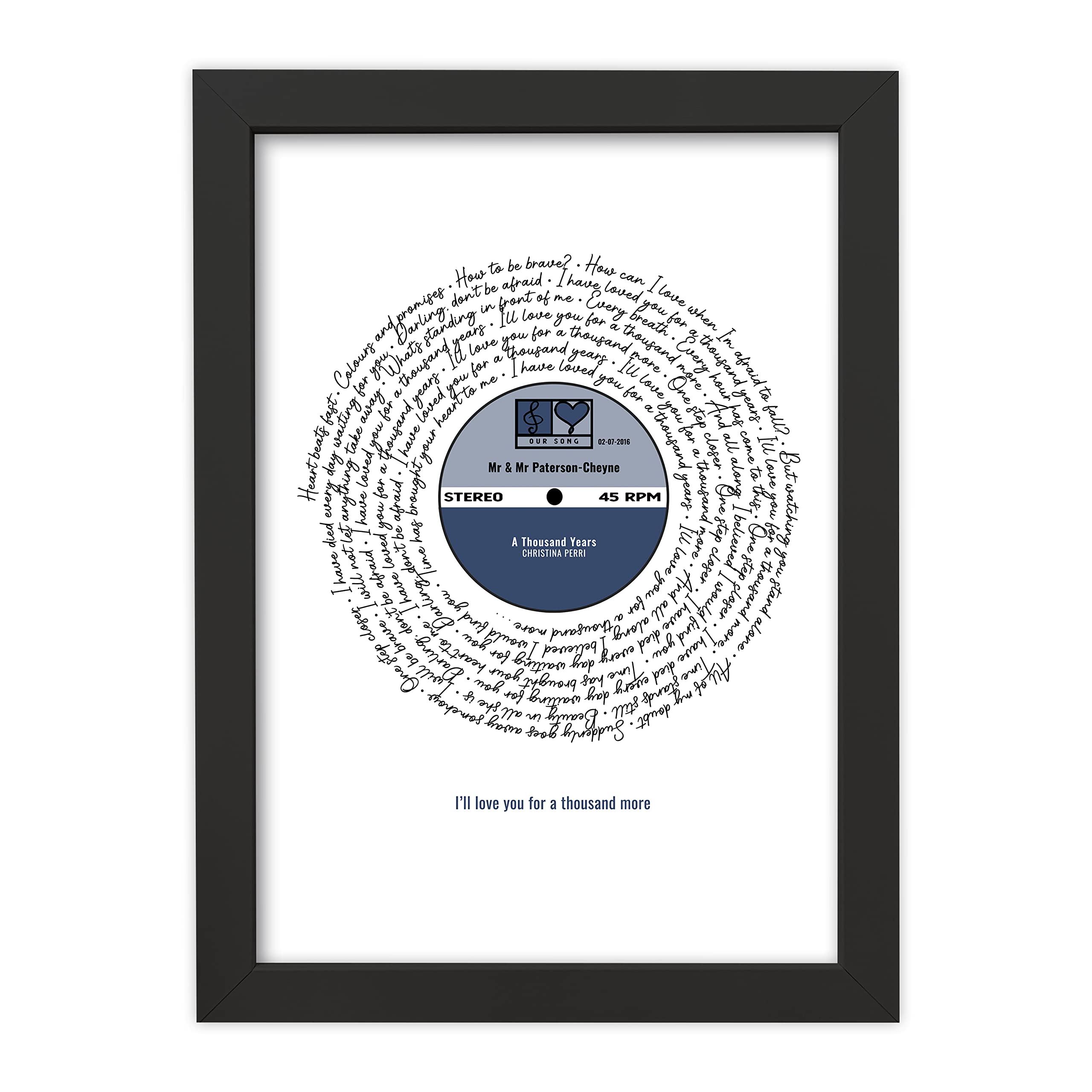 NOT JUST A PRINT Personalised Song Lyrics Gift Designed As Vinyl Record Any Words for Anniversary Birthday Christmas Wedding (Framed Black, A4 (21x30cm))