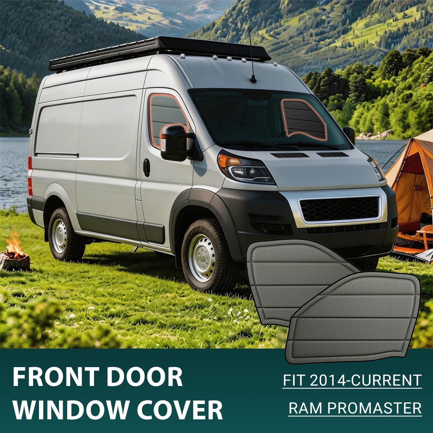 front door window covers(pair) for ram promaster, 2014-current, magnetic insulated blackout window sunshade, foldable design, with bug screen, allseasonguard gray front door w/ bug screen