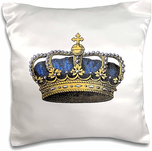3dRose Corona azul marino - Vintage Art-Royal-Royalty-Gold Corona de reyes o príncipes con perlas y funda de almohada cruzada, 16 x 16 pulgadas
