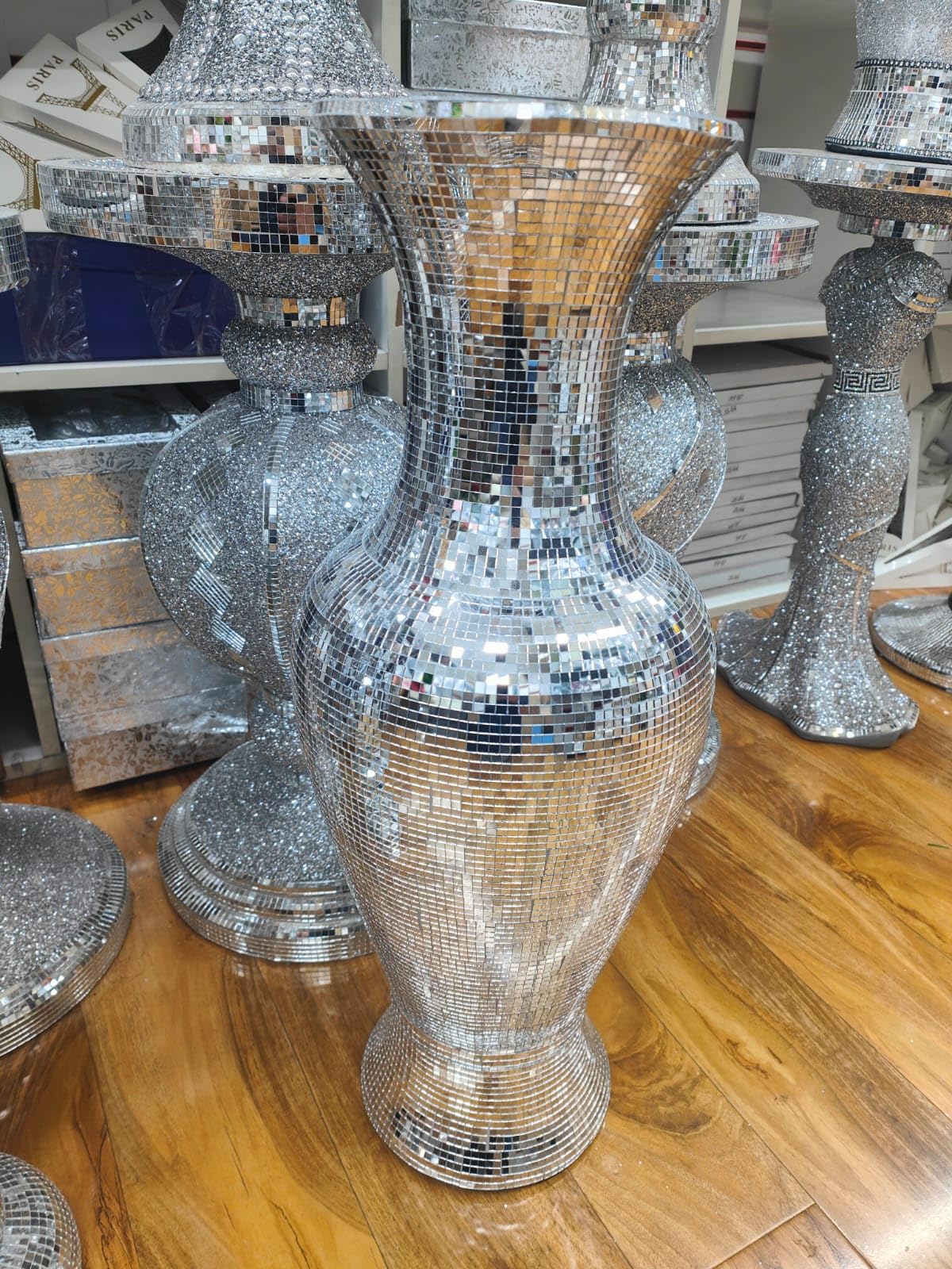 Biznest Silver 33X63cm Large Ceramic Mirrored Pot Vase Full Mirror Home Decoration Flower Floor Vase Style 01