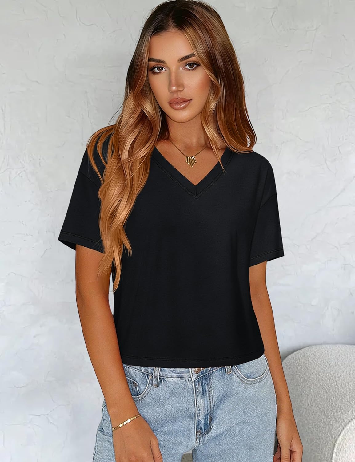 YUCOLEN Cropped T Shirts for Women Short Sleeve V Neck Cotton Basic Tees Soft Loose Fit UPF 50+ Crop Tops for Summer - Image 4