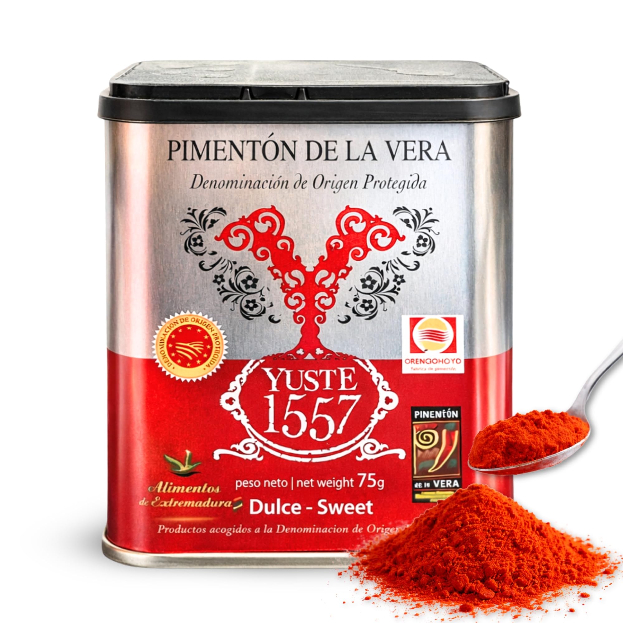 Pimentón de la Vera Ahumado Dulce, Denominación Origen Protegida, Pimentón Yuste 1557, Producido en Extremadura, Ideal para guisos, carnes, salsas, embutidos y platos tradicionales, 1 bote de 75 gr - imagen 1
