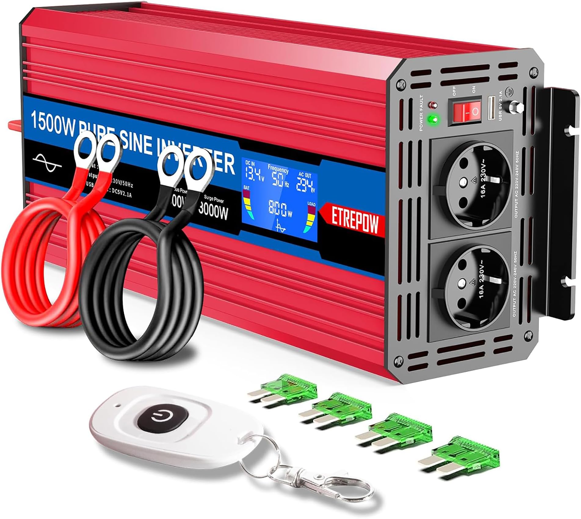 1500w Wechselrichter 12v Auf 230v Reiner Sinus Spannungswandler mit 2 EU-Steckdose und Einer 2,1A USB,Drahtlose Fernsteuerung,LCD Bildschirm und 2 Lüftern-Spitzenleistung 3000w Kfz Konverter