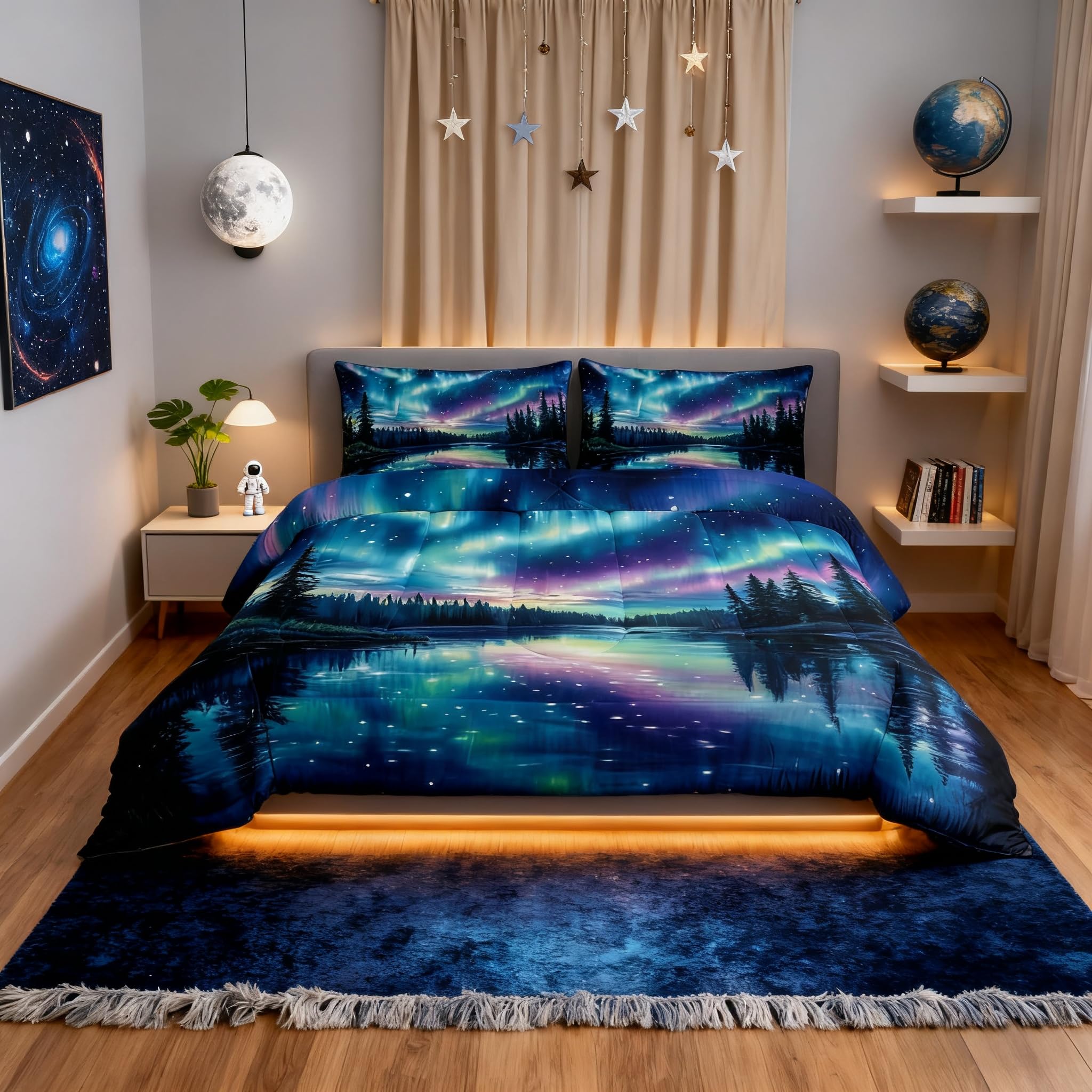 Northern Lights Kids Comforter Set Full Size,Rainbow Starry Sky North Pole Dreamy Bedding Set,Girls Women Room Decor,Pine Trees River Natural Down