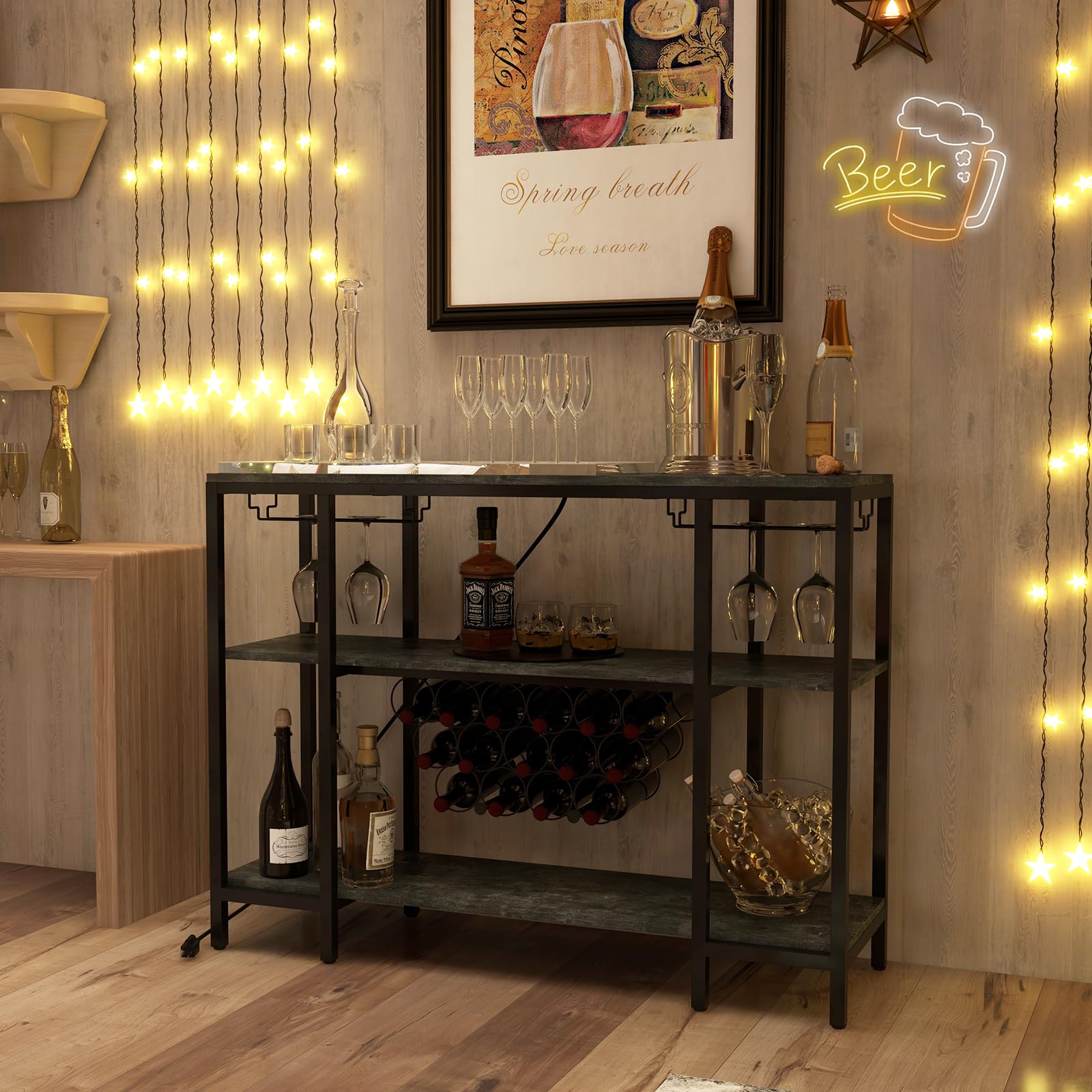 GYMAX Mobile Portabottiglie di Vino a 3 Livelli con Prese, Tavolo da Bar per Liquori con Porta Calici, Struttura in Metallo, Tavolo Console per Soggiorno, Cucina e Sala da Pranzo (GRIGIO SCURO)
