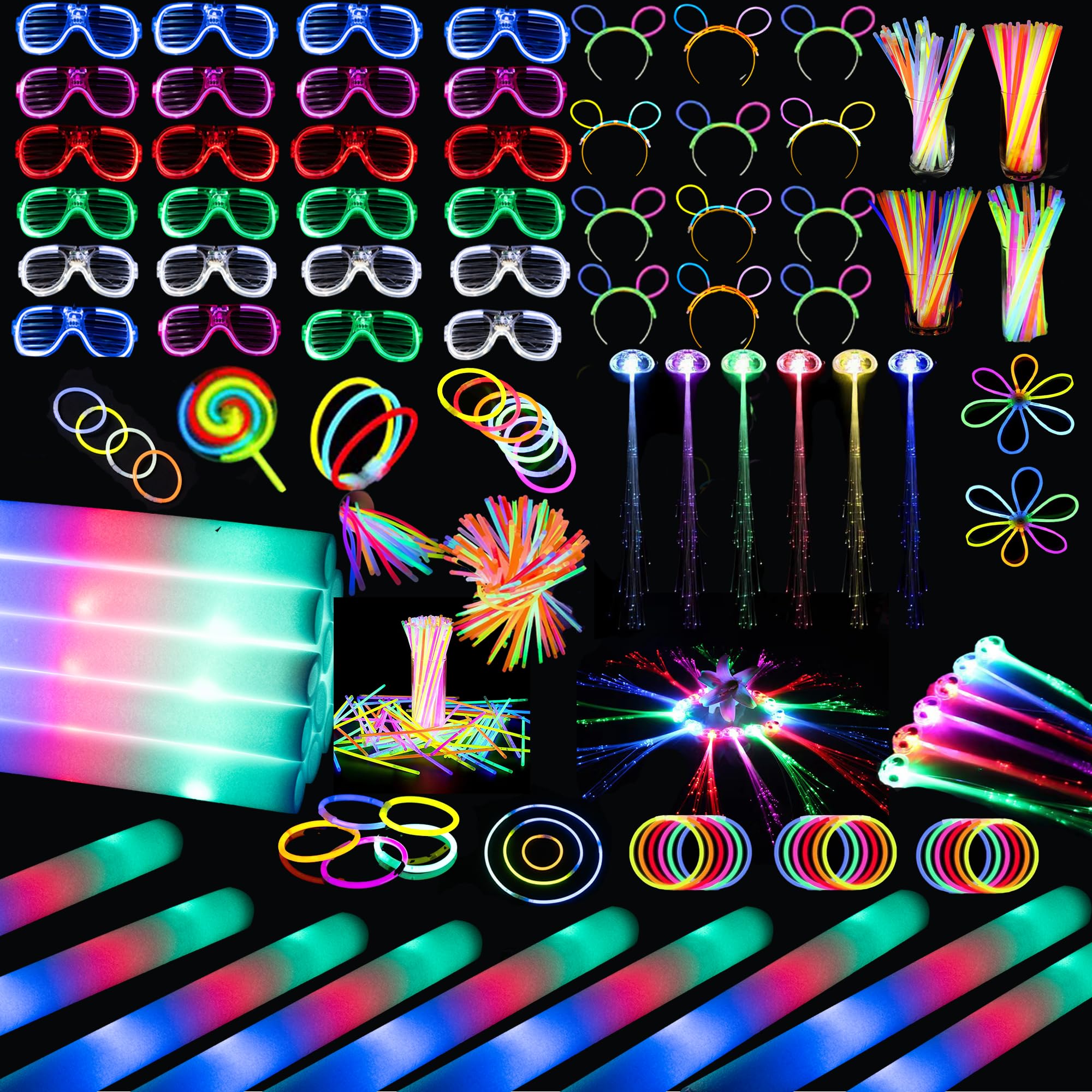 272 PCs Glow Party Supplies, 24 Foam Glow Sticks, 24 LED Glasses and 200 Glow Sticks ? Bracelets, 12 Glow sticks headband 12 Fiber Optic Hair Light?Glow Neon Party Favors for Wedding, Concert, Raves