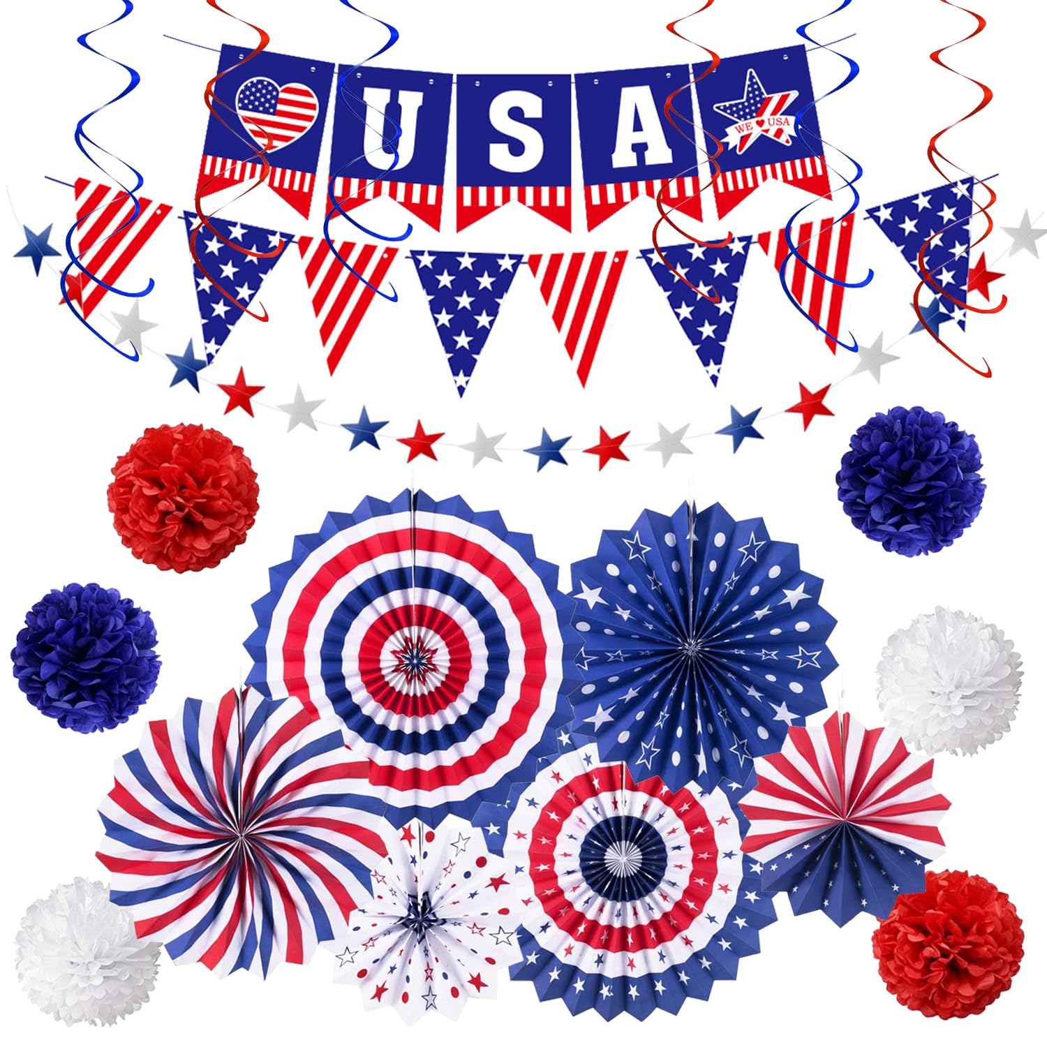 4th of July Patriotic Party Decorations, 6 Paper Fan, 6 Flower Ball, 1 USA Swallowtail Flag, 1 USA Pennant Flag, 1 Star Streamer, 6 Swirl,