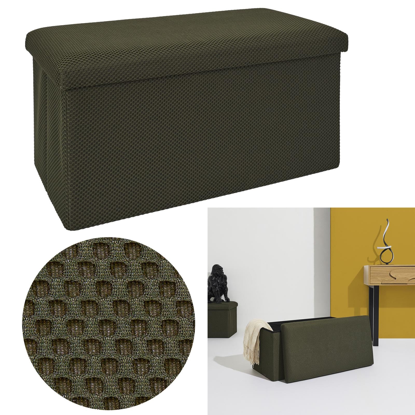 HOME DECO FACTORY Coffre Banc Pliable Multifonction Rangement Assise Kaki | Tissu, coffre banc pliable, multifonctionnel, rangement et assise, salon ou chambre, 76x38x38 cm, kaki