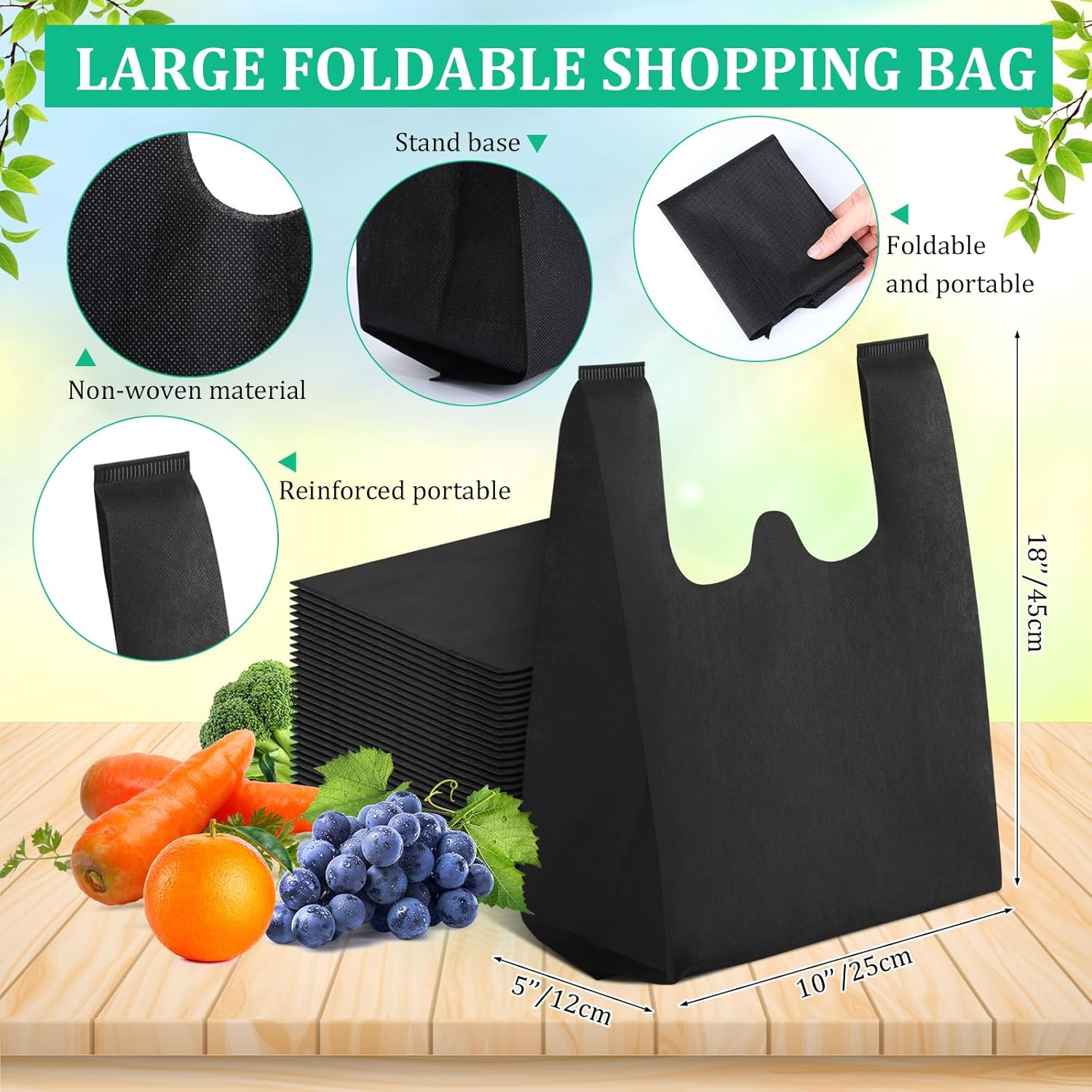 Windyun Reusable Grocery T Shirt Bags Bulk Small Non Woven Shopping Bag 10 x 18 x 5 Inch Foldable Tote with Handle Party Gift - Image 2