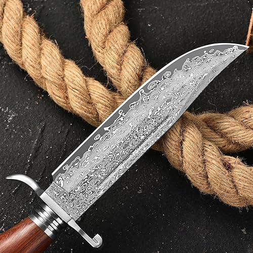 Miniatura 7 de Cuchillo Bowie de 10.5 pulgadas con funda, cuchillo de hoja fija para caza al aire libre (hoja de damasco tipo japonés)