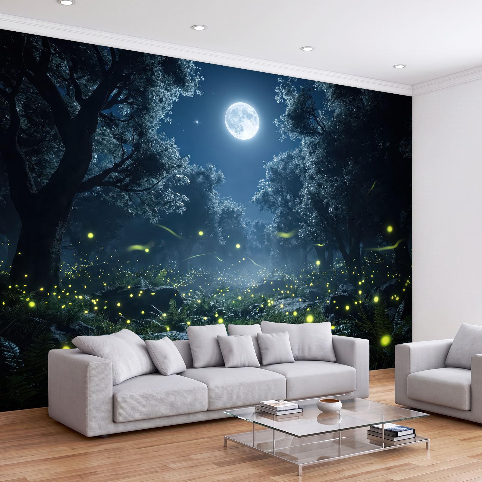 Fantasy bajkowy las mural ścienny 200 x 140 cm, księżyc świetliki pokój dziecięcy plakat mural, HD druk 3D włóknina fototapeta, nowoczesny salon sypialnia tło TV dekoracja ścienna