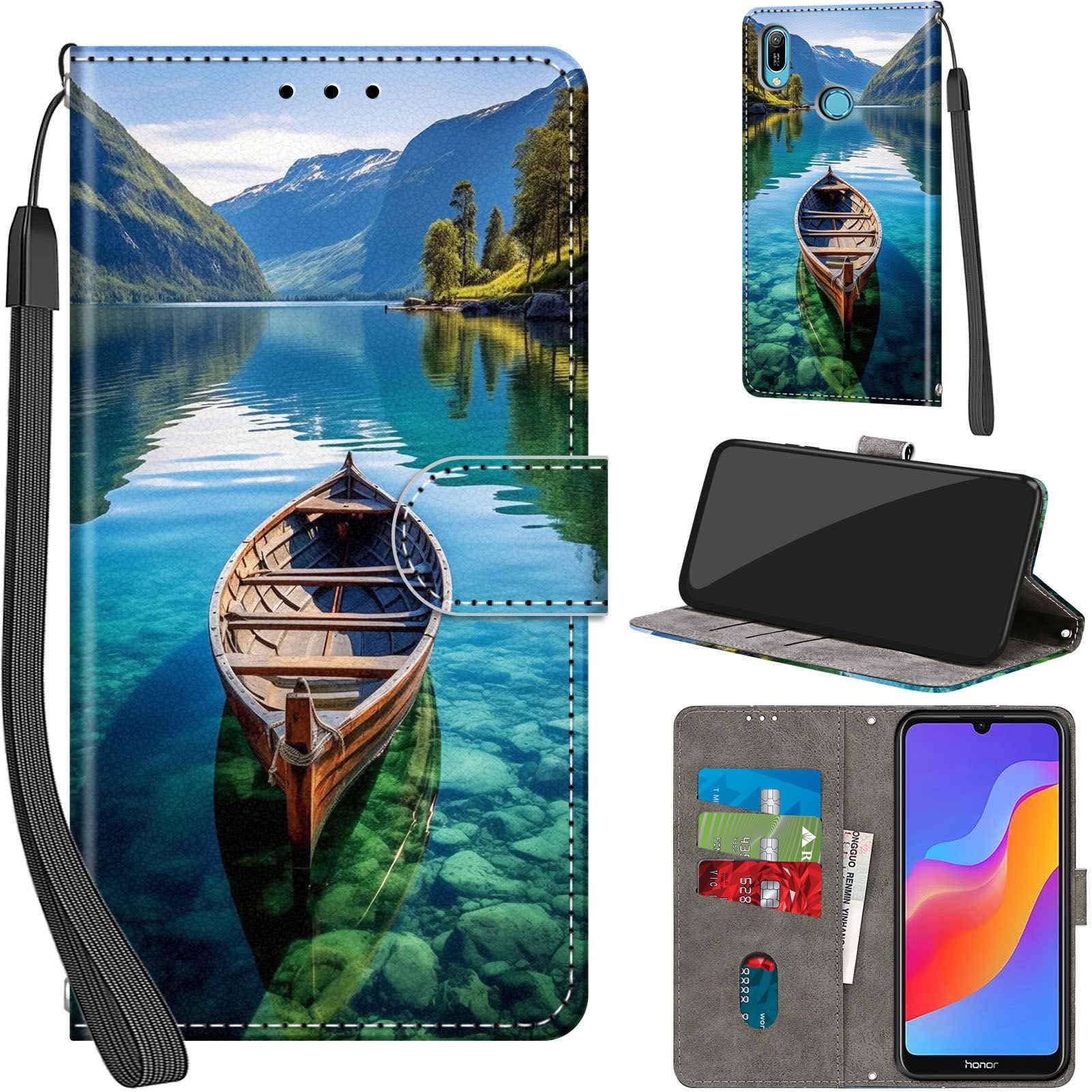 – for Huawei Y6 2019 Case PU Leather Wallet Book Flip Folio Stand View Magnetic Multi-Pattern Cover compatible with Honor 8A 2019/2020 Phone Case (Boat)