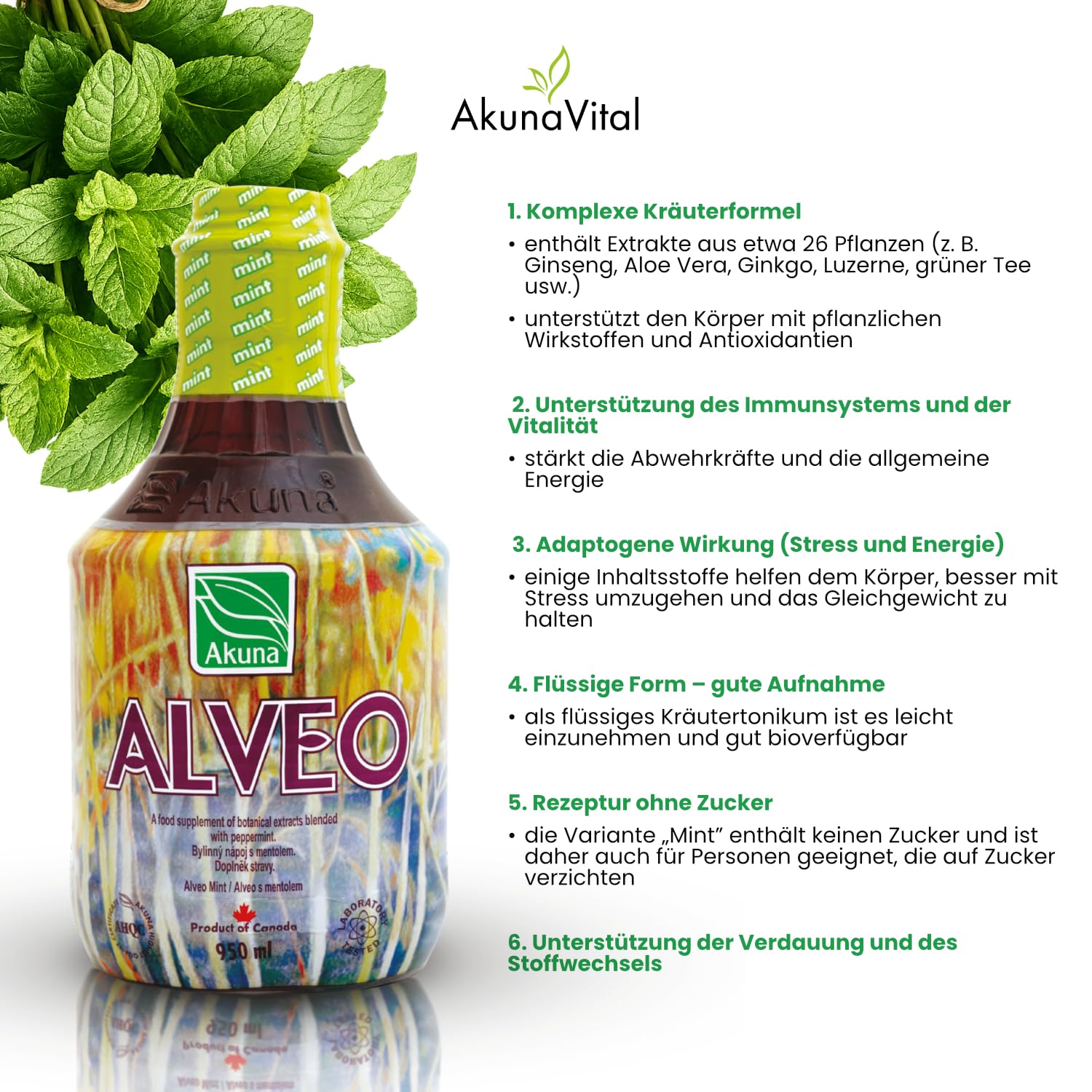 Alveo Mint, Nahrungsergänzungsmittel mit Pfefferminz, 950 ml