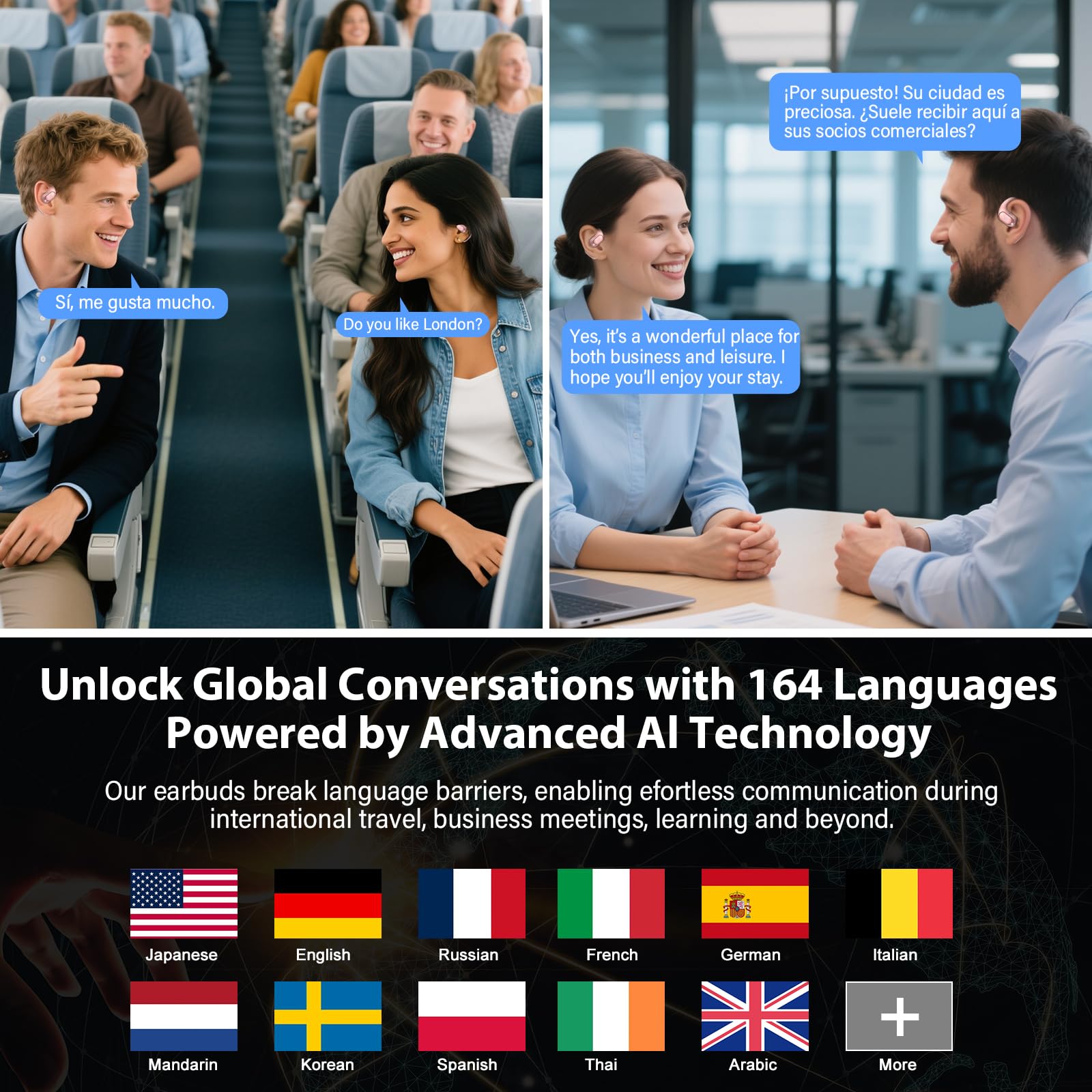 Auriculares Traductor en Tiempo Real 164 Idiomas Traductor Instantaneo de Voz, Auriculares Open-Ear Smart Ambiental, 9 Modos traducción AI, 4-en-1 Cascos Traductores, Música/Llamada/Traducción/Deporte