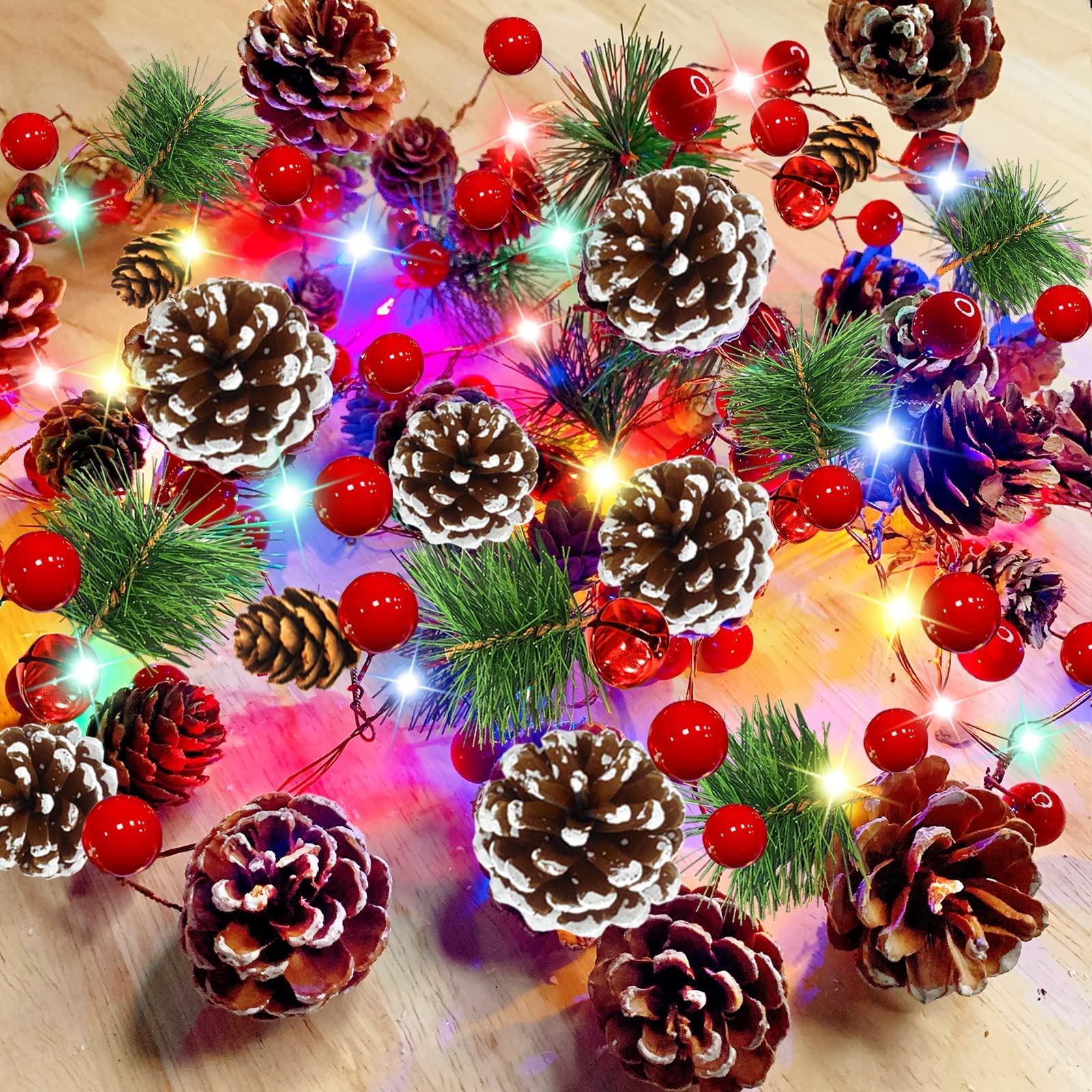 Christmas Decorations Garland Lights, 75 Pcs Pine cones Christmas Lights 7FT 20 LED Garland Lights Battery Operated Red Berry Pine Needles Bell Indoor Outdoor Christmas Decoration (Colorful)