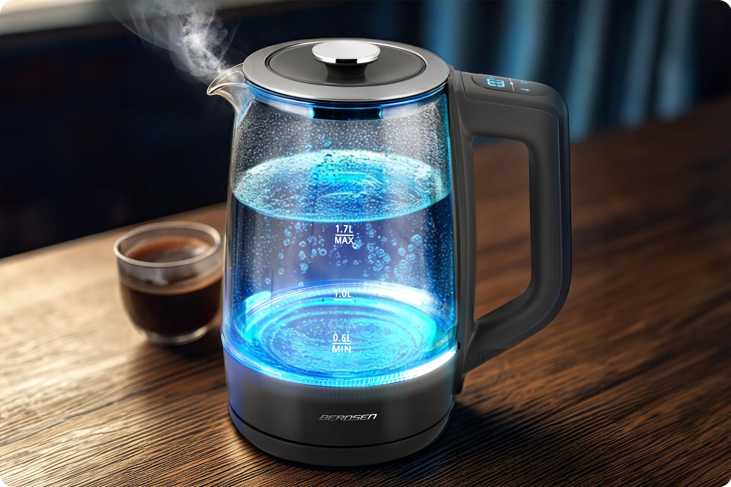 Berdsen Hervidor de agua con ajuste de temperatura, cristal de borosilicato, 1,7 L, función de mantenimiento del calor, panel táctil, indicador de temperatura, iluminación interior gris