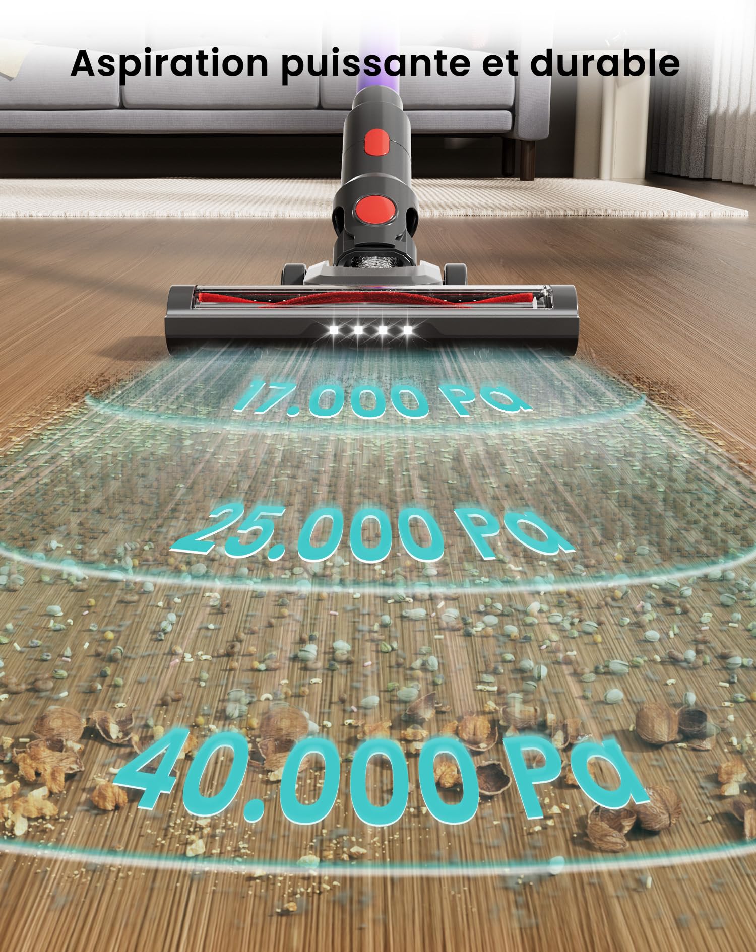Lefant V1 Aspirador Sin Cable 40 KPa, Potente, Filtración de 5 Capas, Pantalla LED Táctil, 3 Velocidades, Cepillo con LED, Tubo Telescópico, Ideal para Toda la Casa 33