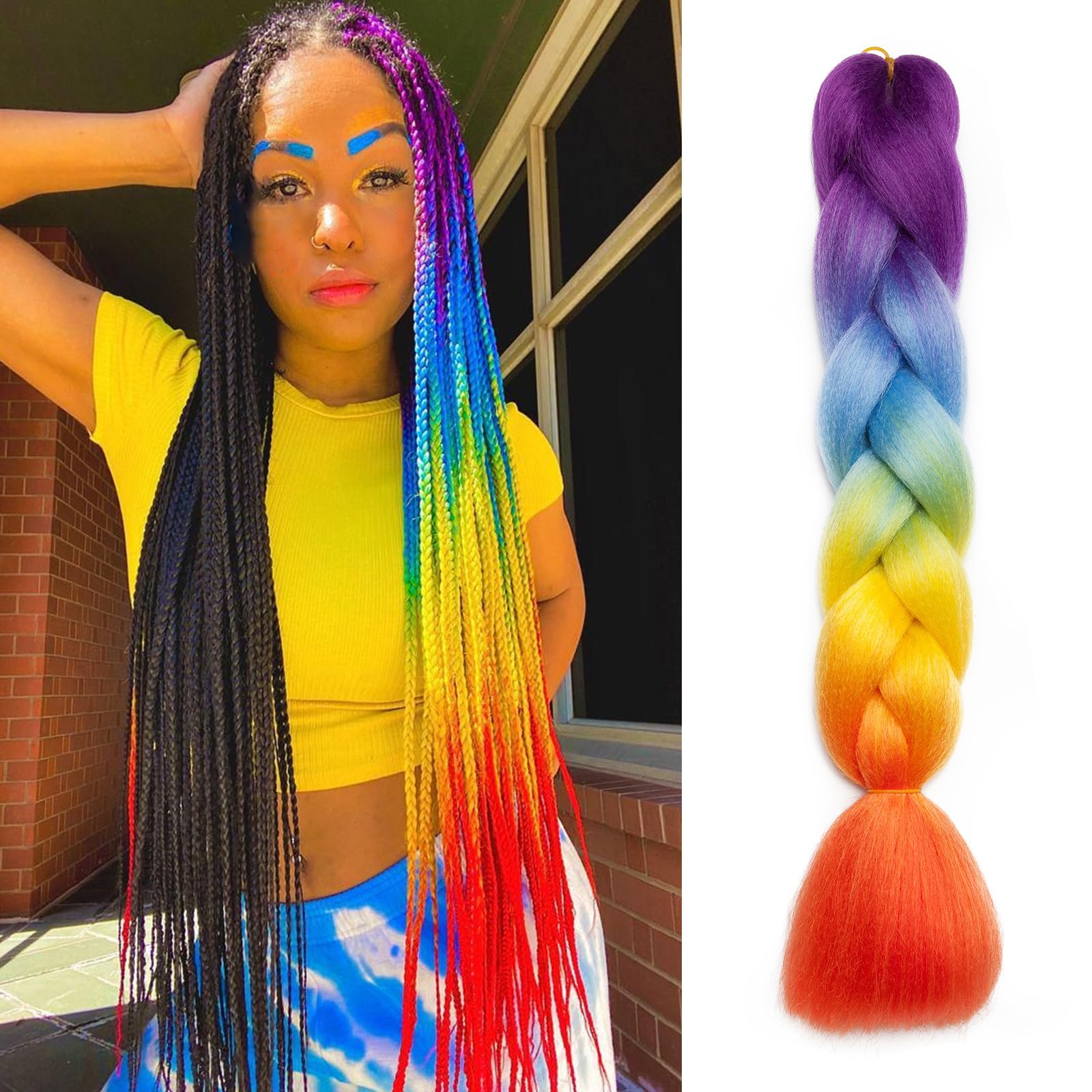 TESS 24 Inch Braiding Hair Festival Accessories DIY Rainbow Twisted Hair Extensions Crochet Synthetic Wig for Women UK 4 Colours #4 Purple & Blue & Yellow & Red