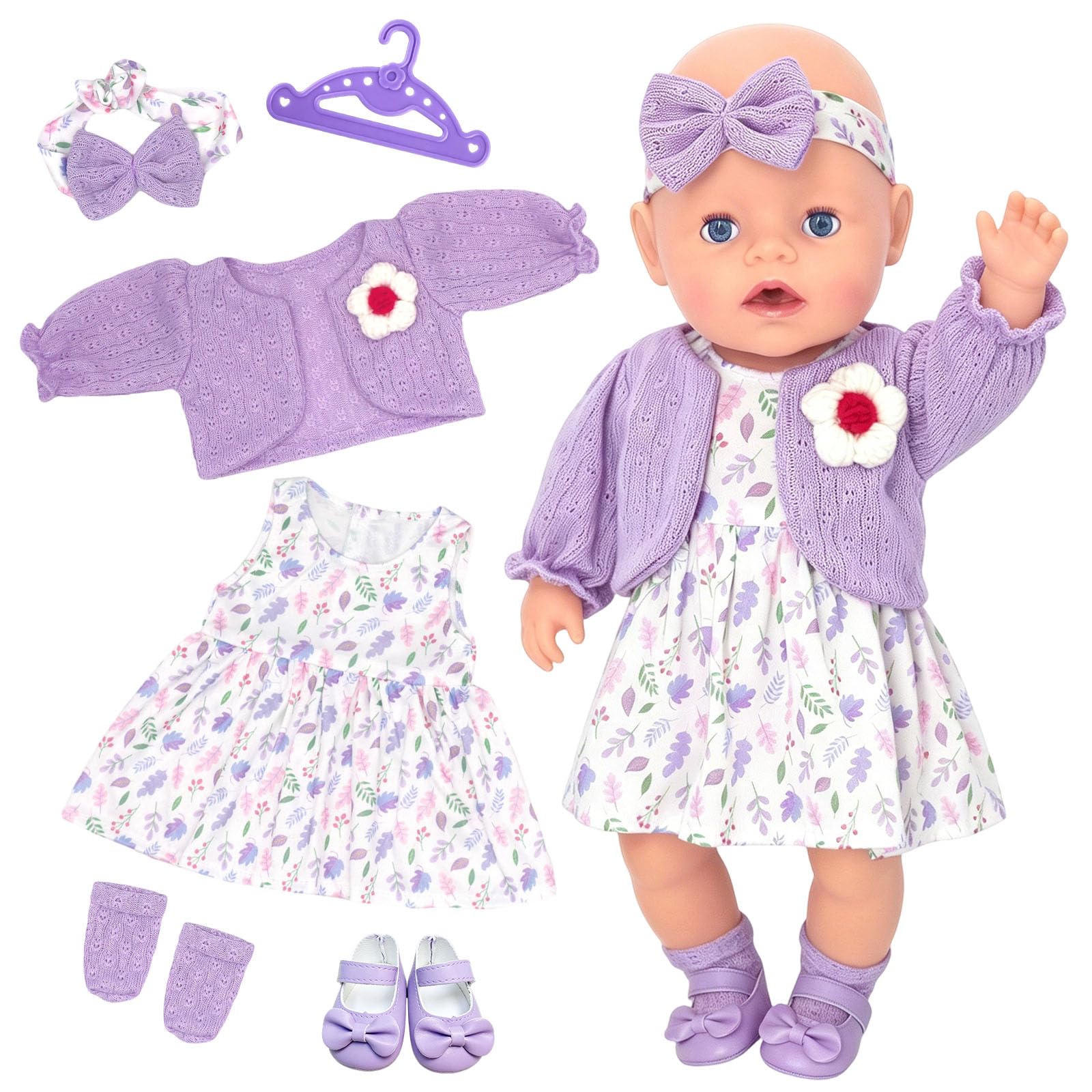 6 sztuk fioletowych ubranek dla lalek niemowlęcych 35-43 cm, słodkie kwiatowe ubranka dla lalek niemowlęcych 14-17 cali, płaszcz, sukienka, opaska na głowę, skarpetki, buty, wieszak na ubrania