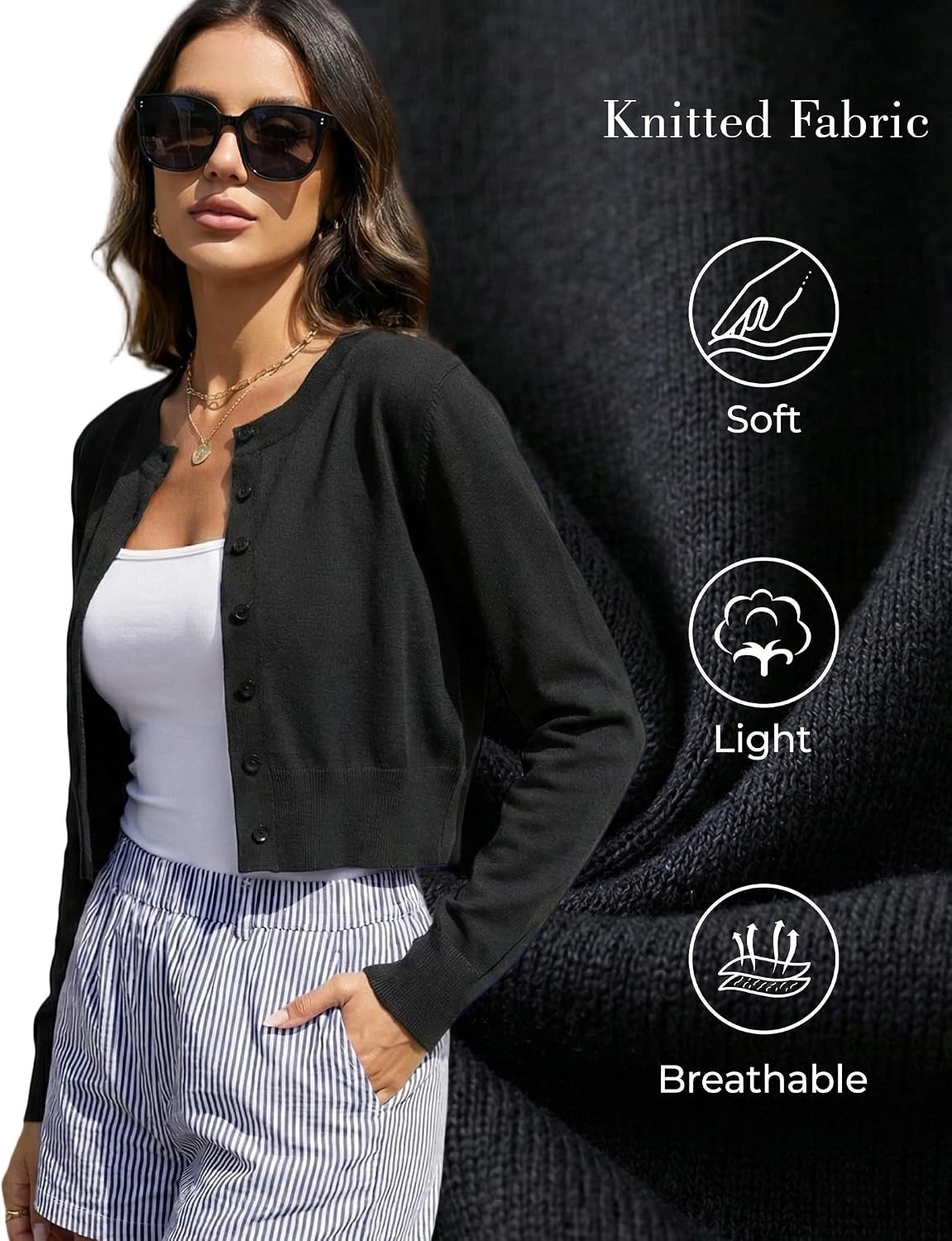Womens Cropped Cardigan Sweaters, 2026 Long Sleeve Crew Neck Cardigans, Open Front Button Down Bolero Shrugs
