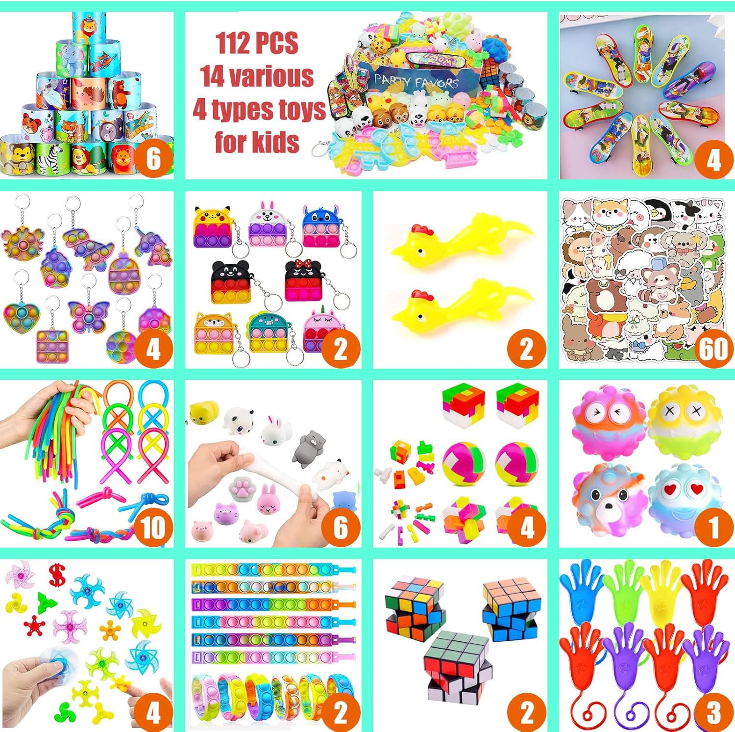 112 PCS Pop Party Favors Toys for Kids,Premium Pop Fidget Toys for All Ages Kids,Assortment Pinata Stuffers,Classroom prizes,Prize Box Toys,Goody Bag Fillers,Carnival Prizes for Boys and Girls 4-10