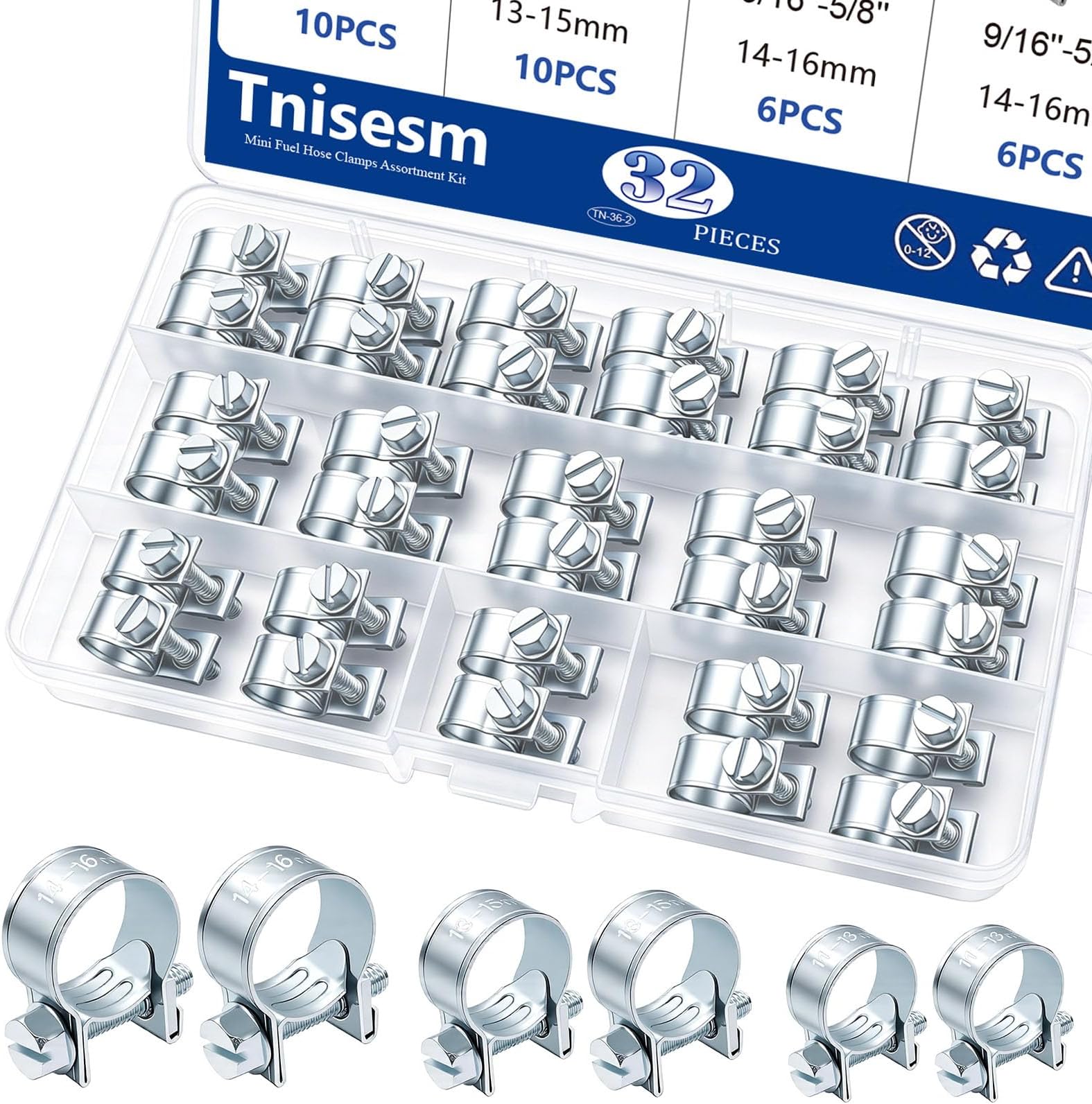32Pcs 1/4" 5/16" 3/8" Fuel Injection Gas Line Hose Clamps Clip Pipe Clamp Assortment Kit, Hoses Clamps Sleeving,for Automotive Diesel Petrol Pipe