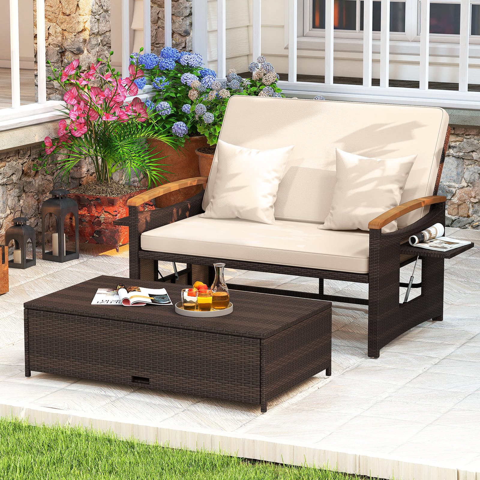 COSTWAY Sofa Exterior de Ratán con Reposapiés de Almacenamiento, 2 Plazas Tumbona Acolchado, Cama Respaldo Ajustable de 4 Niveles, Bandejas Laterales Retráctiles
