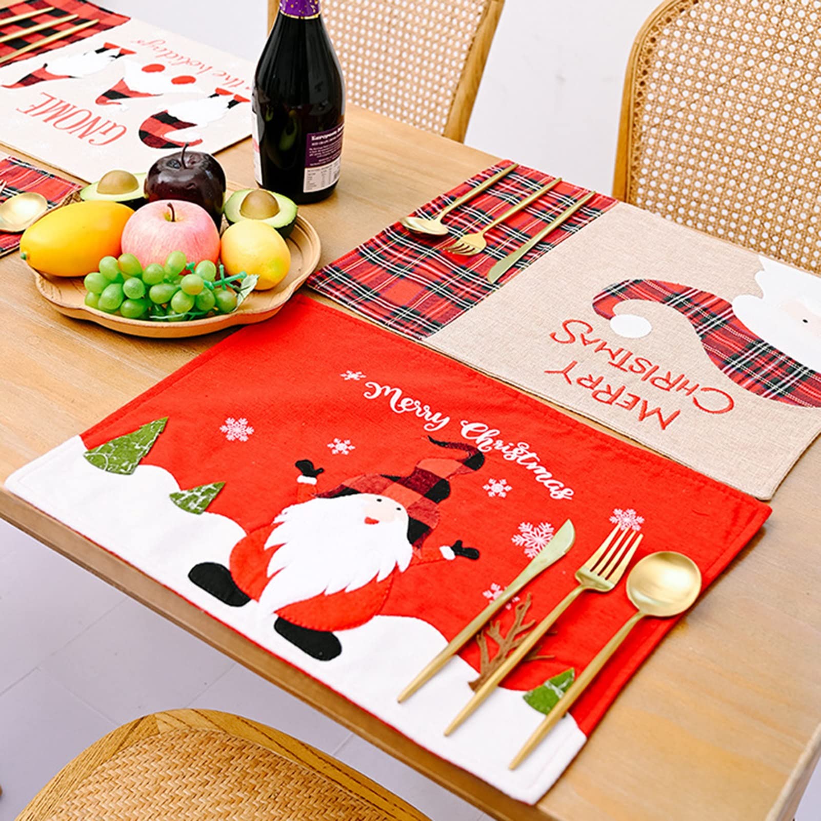 RENRUIRUI- Set De 4 Sets De Table De Noël, Avec Motif Buffalo Check, Bonhomme De Neige, Père Noël Et Wapiti, Décor De Table À Manger De Vacances De Noël, 18 X 13,4 Po