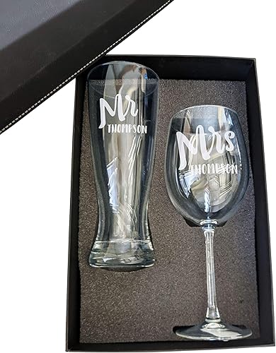 Miniatura 4 de Juego de copas de cerveza y vino personalizadas para parejas Mr & Mrs - Juego de 2 en caja de regalo  Vasos de brindis de boda grabados