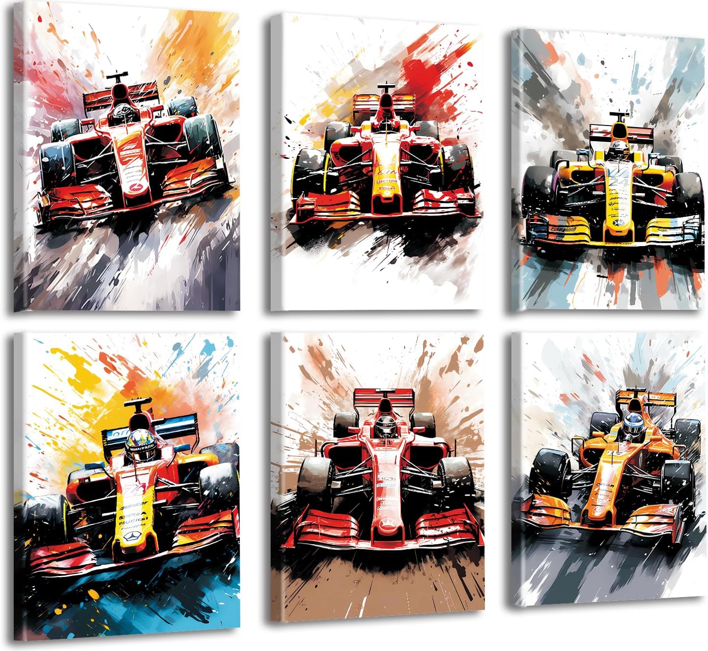 Framed Formula 1 Racing Wall Art, Watercolor Formula 1 Racing Wall Art, Super Racing Car Decor Set of 6 (8''x10'') Supercar Posters Men's Study Boys Room Wall Decor