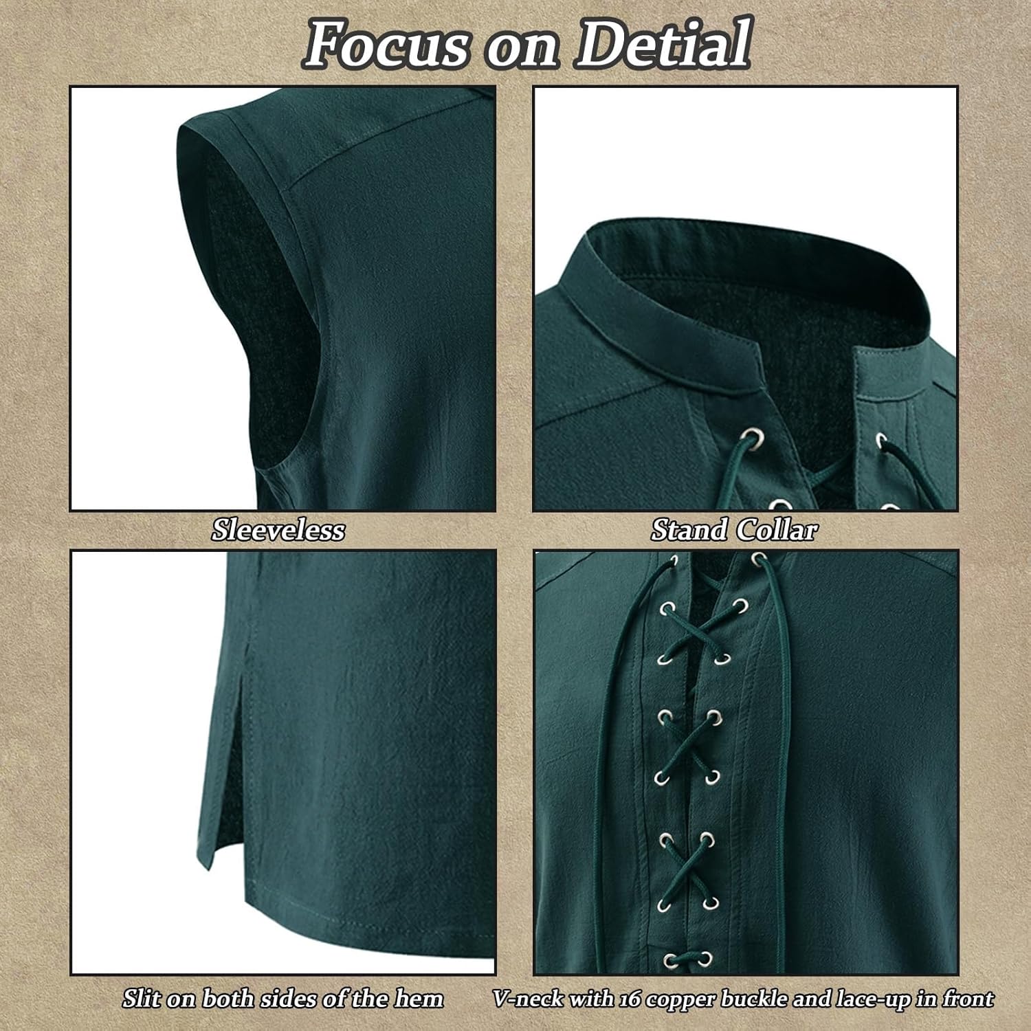 Mens Medieval Pirate Lace-up Sleeveless Shirt, Renaissance Viking Stand Collar Top, Steampunk Gothic Costume Tunic - Image 3