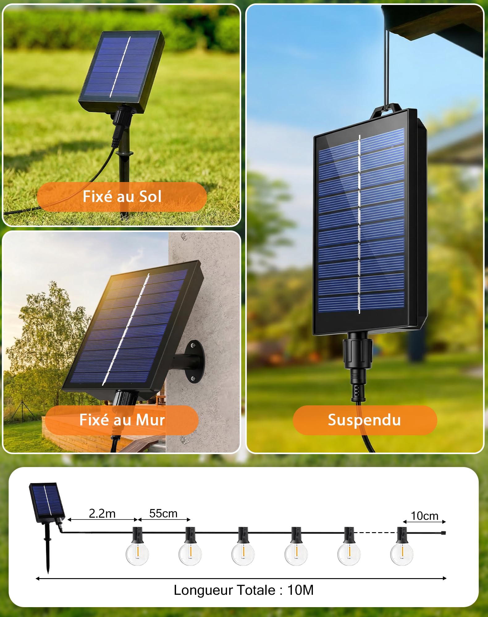 Guirlande Lumineuse Solaire Extérieure 10M, Guirlande Guinguette avec Télécommande 15+1 Ampoules LED, 8 Modes d’Éclairage, 4 Luminosité Réglable, Guirlande IP44 Étanche pour Jardin Balcon Terrasse