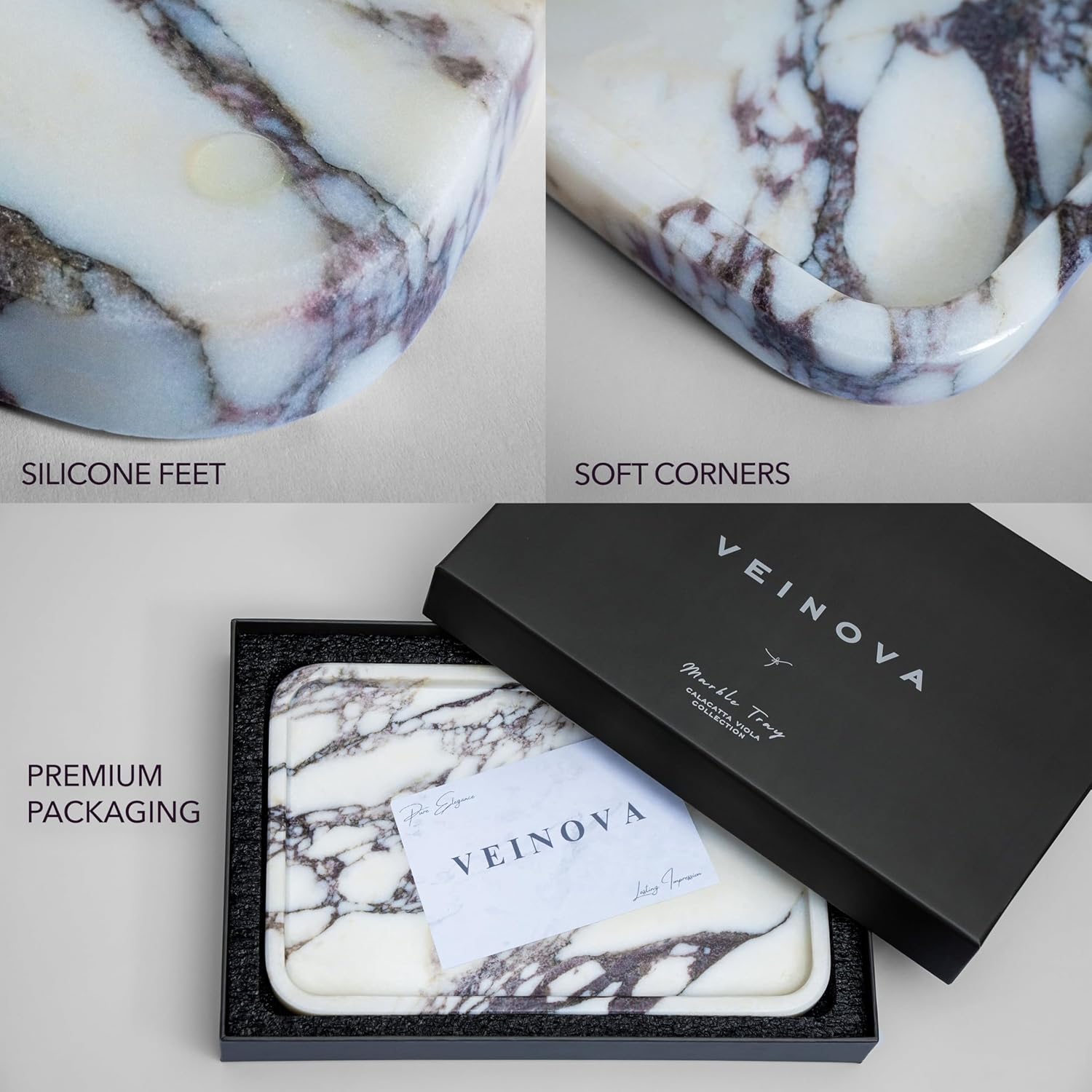 Calacatta Viola Marble Tray, Elegant Natural Stone Marble Decorative Tray for Vanity, Bathroom, Kitchen and Home Decor, Unique Design with Soft Corners, Premium Packaging, Large (12"x 8")