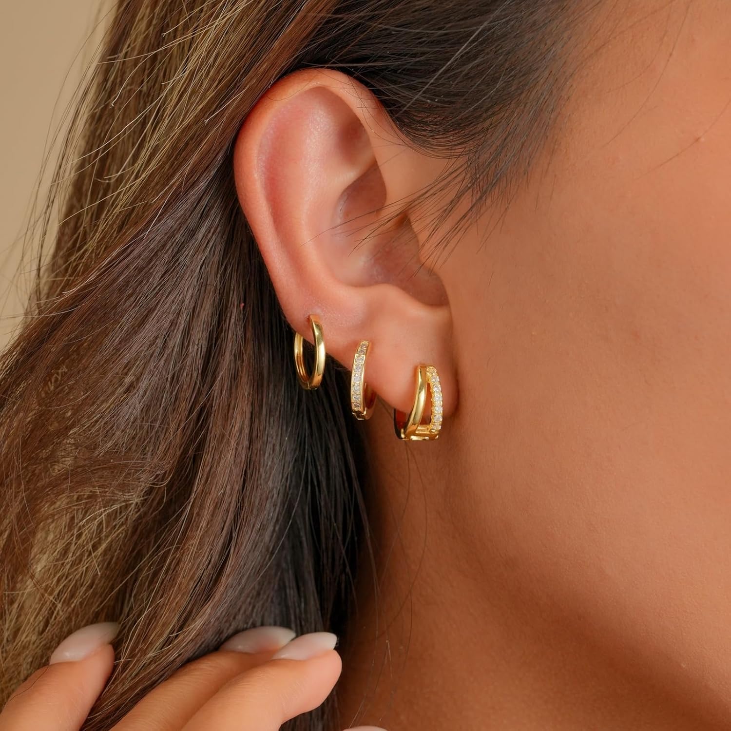 Bsoepnr 3 Pairs Small Gold Huggie Hoop Earrings Set, 14K Gold Plated Hypoallergenic Dainty Small Huggie Hoop Earrings with Cubic Zirconia for Women Men - Image 4