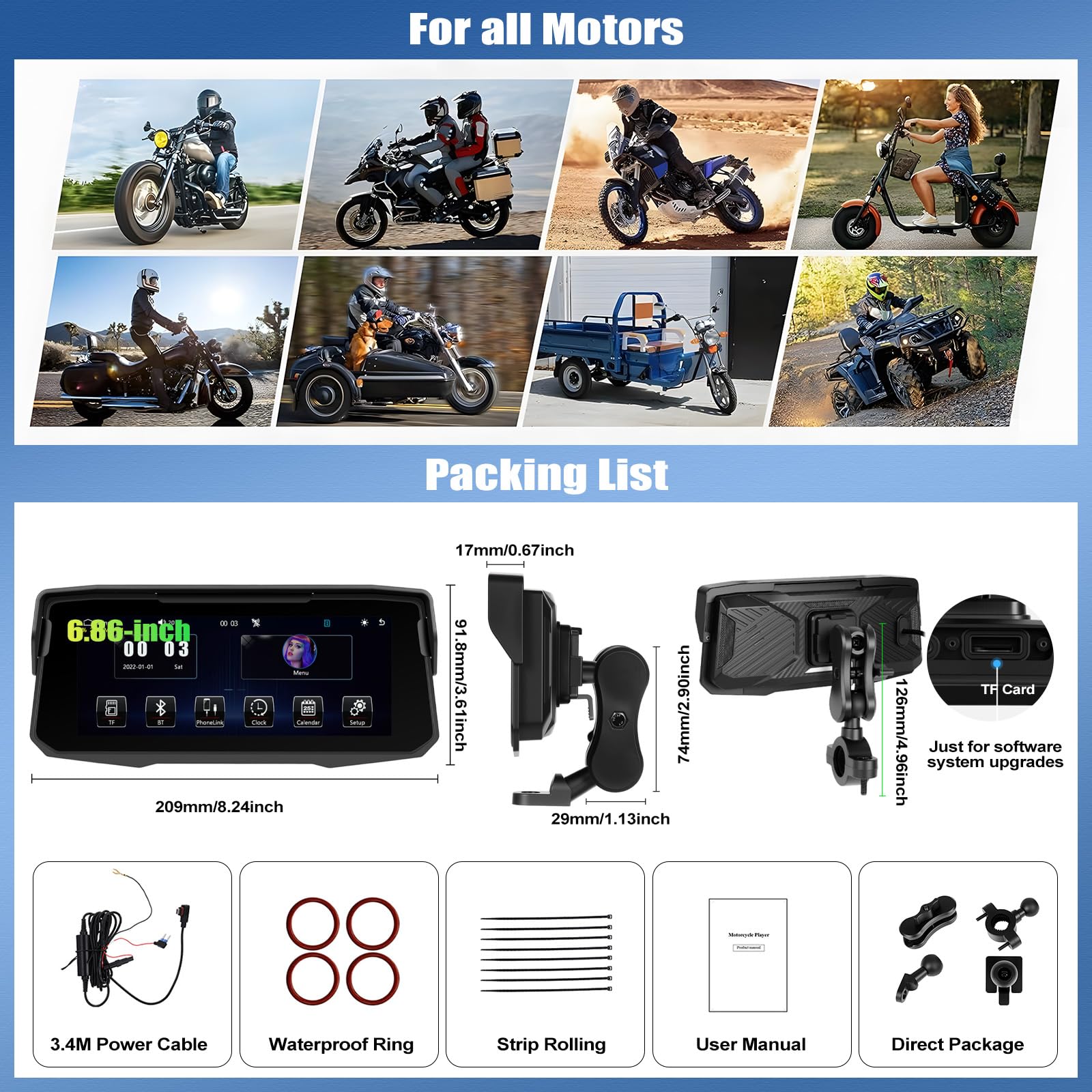 SIXWIN Moto Carplay Schermo, Senza Fili CarPlay e Android Auto,Portatile da 6.68 Pollici Touchscreen Navigazione Moto con Doppio Bluetooth/Airplay/Android Cast/IP67 Impermeabile/Equalizzatore